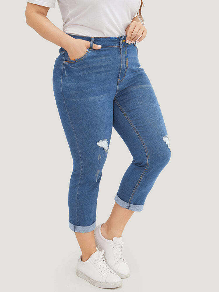 Very Stretchy  Dark Wash Roll Hem Cropped Jeans
