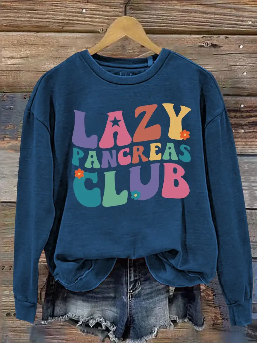 Unisex Women's Men's Lazy Pancreas Club Type 1 Diabetes Month Awareness Blue Ribbon Print Casual Hoodie