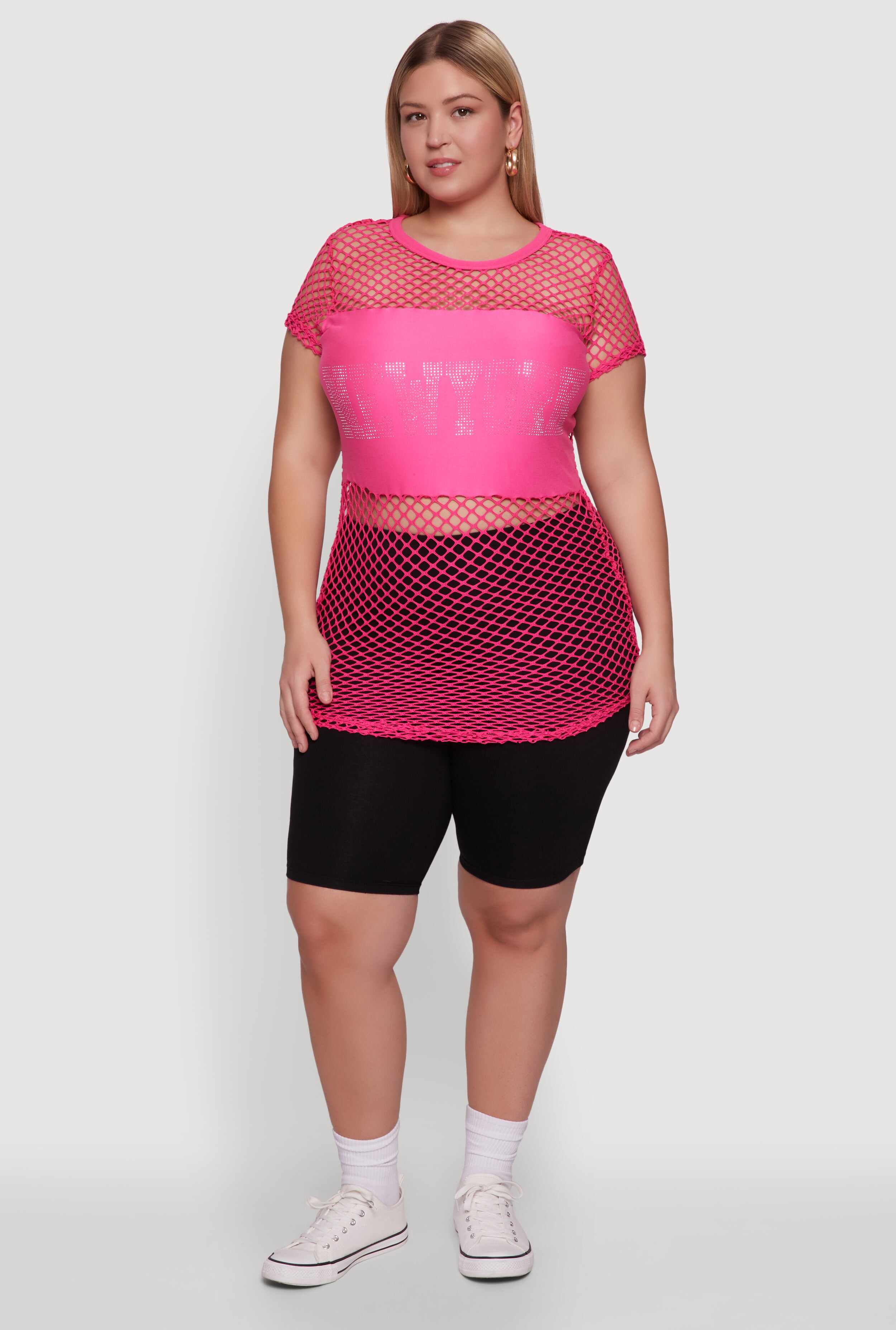 Plus Size New York Rhinestones Fishnet Tunic Top