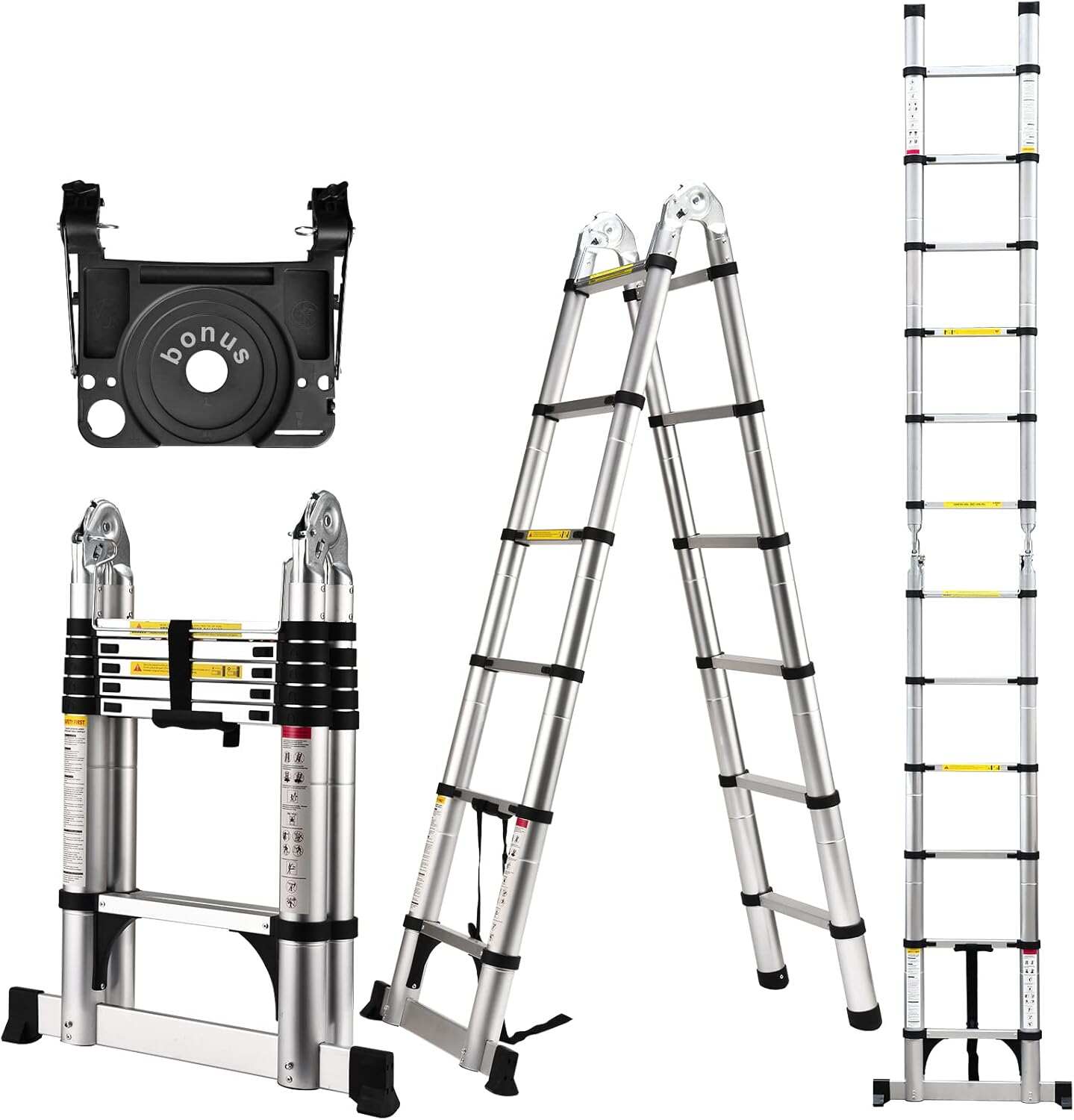 Telescoping Ladder, 12.5 FT Aluminum Lightweight Extension Ladder with 2 Triangle Stabilizers, Heavy Duty 330lbs Max Capacity, Collapsible Ladder with Hooks for RV or Outdoor Work
