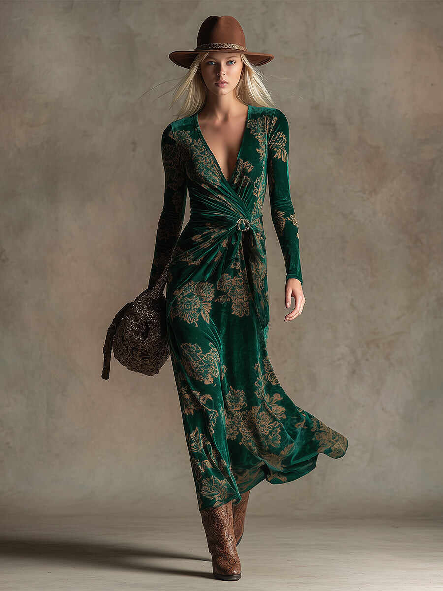 Elegant Retro Gold Print V-neck Green Velvet Maxi Dress
