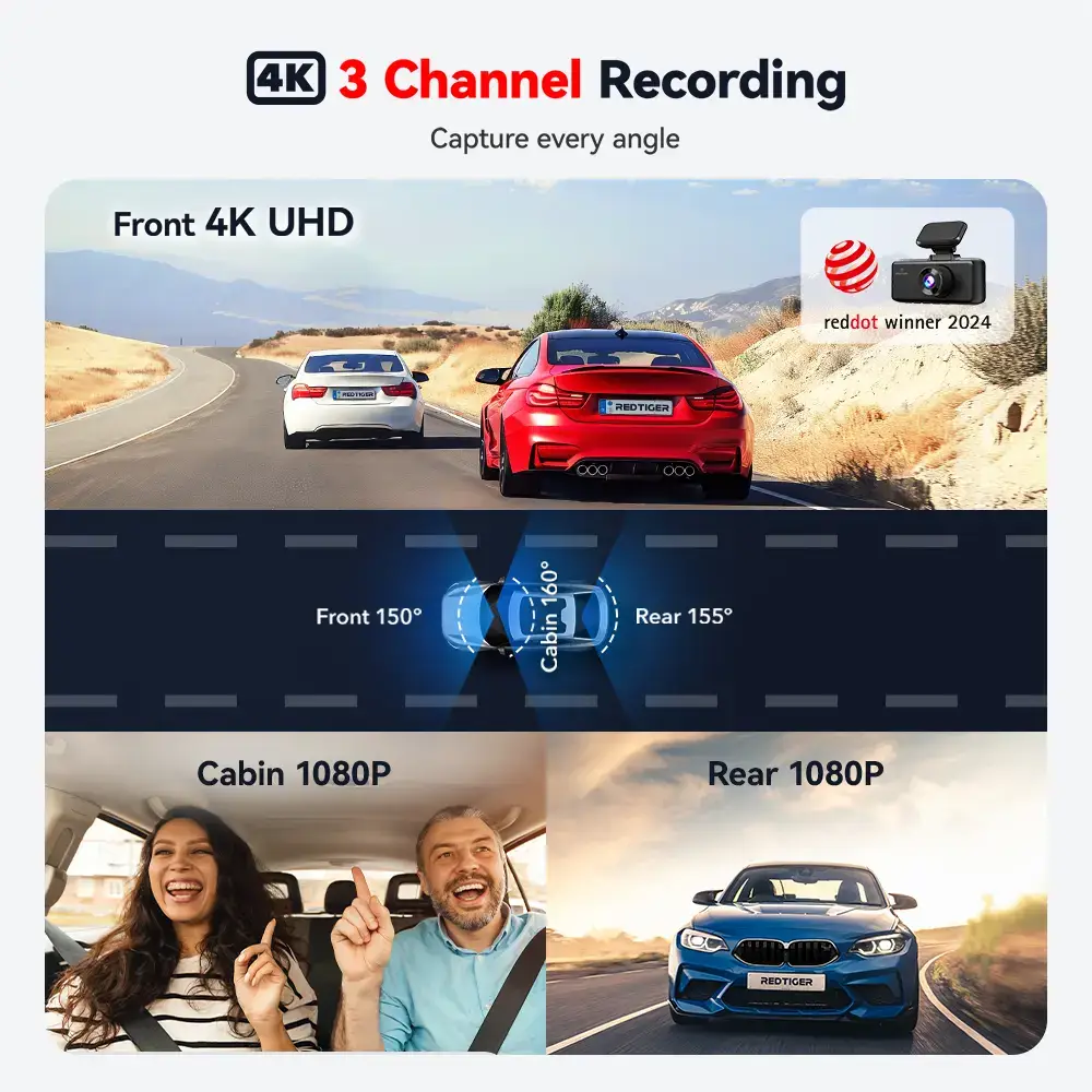 F17 4K 3-Channel Dash Cam with 5GHz WiFi GPS, 64GB Card, 2160P+1080P+1080P Cameras, IR Night Vision, Parking Mode, Car rvibes, Car VLOG, Summervibes