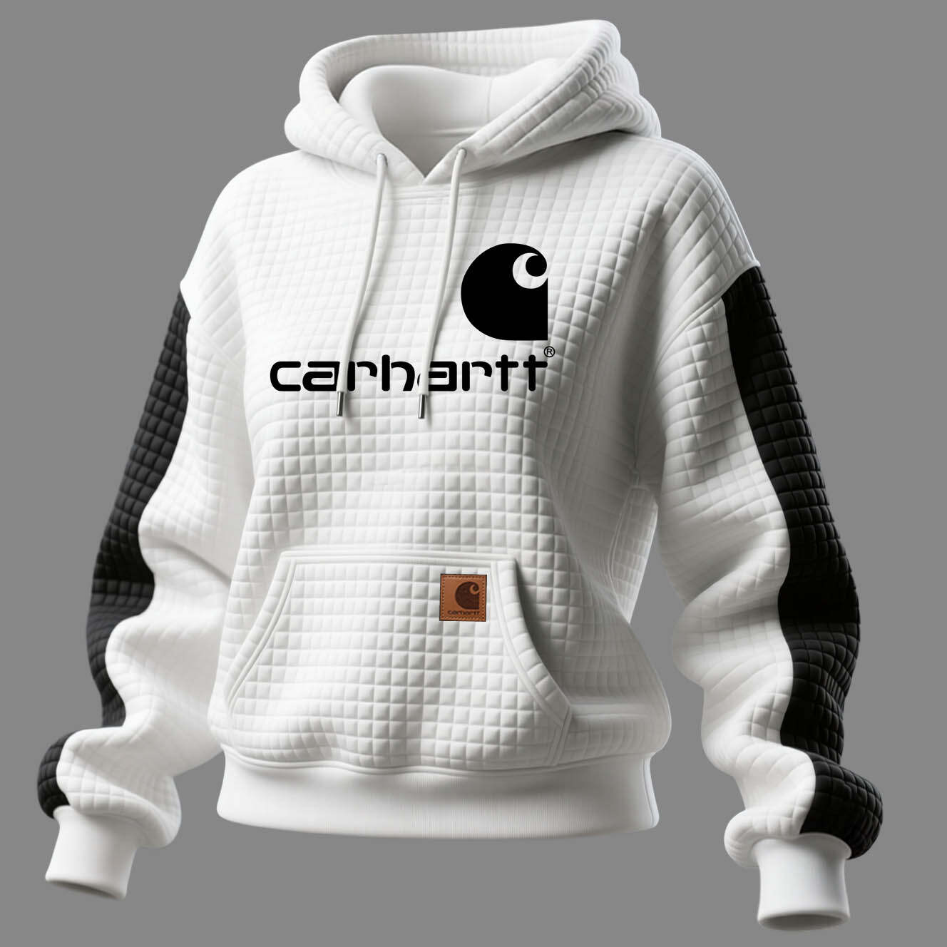 Women's Vintage White And Black Waffle Quilted Plaid Pocket Hoodie