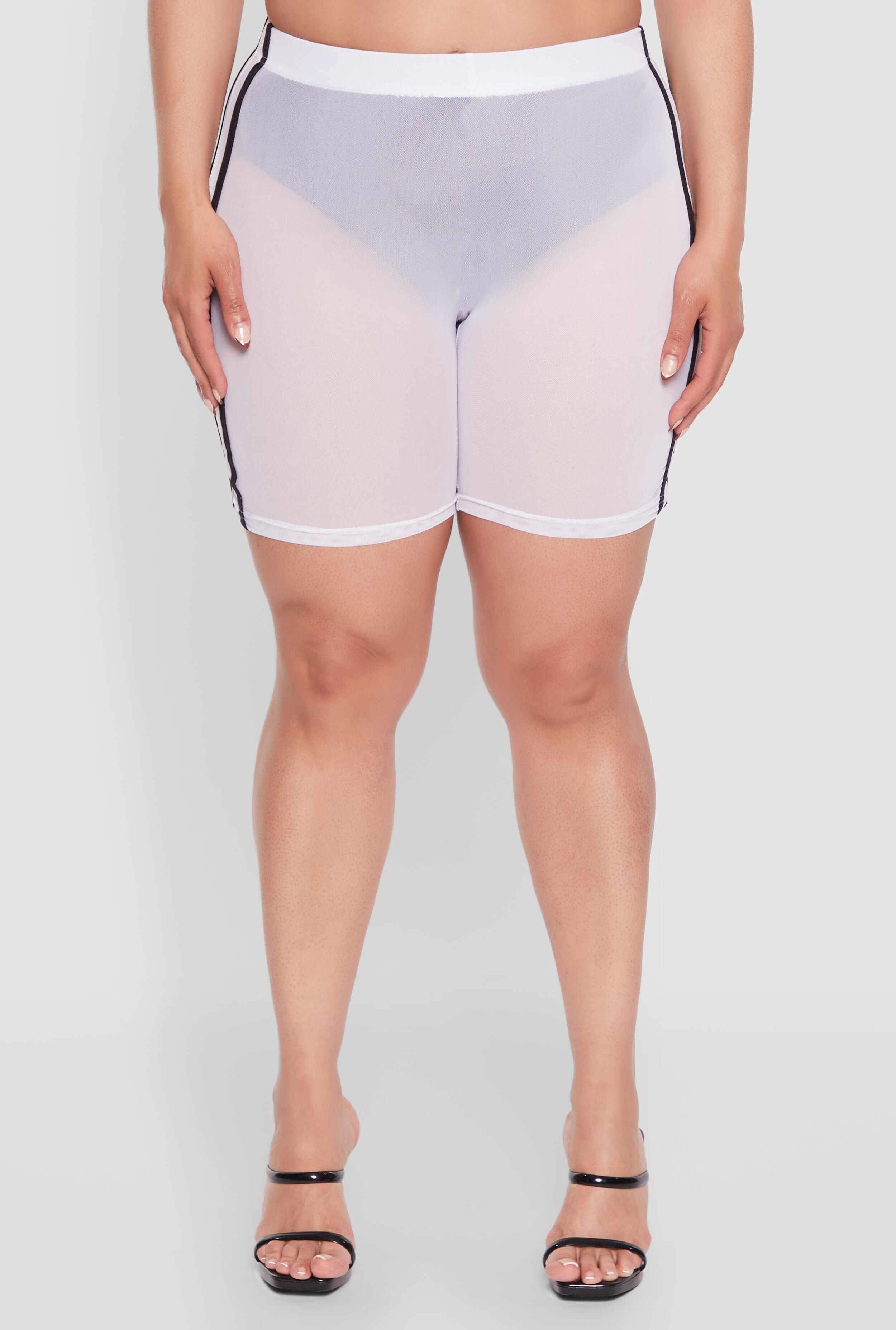 Plus Size Mesh High Waisted Bike Shorts with Varsity Stripe Details