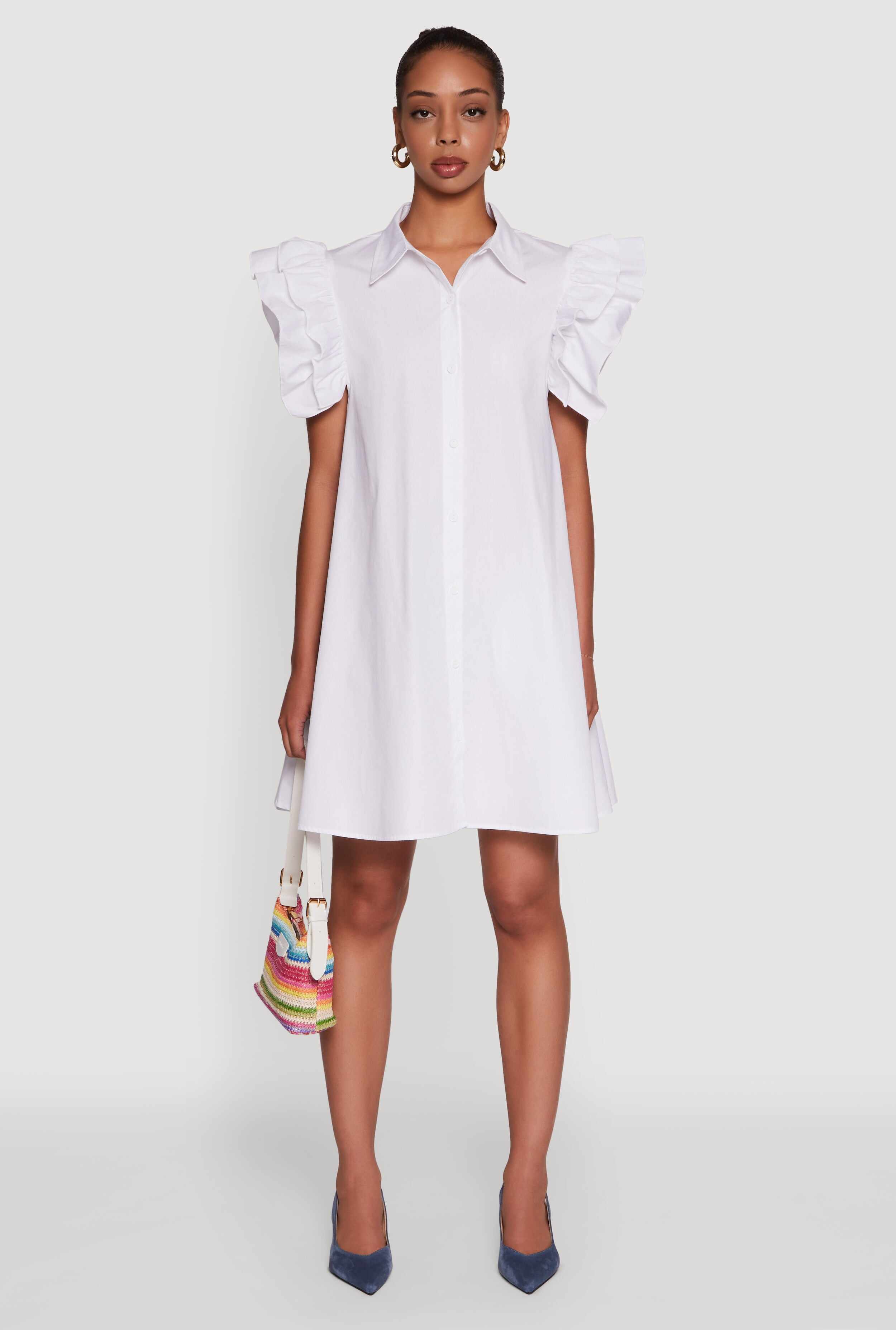 Poplin Button Front Flutter Sleeve Dress