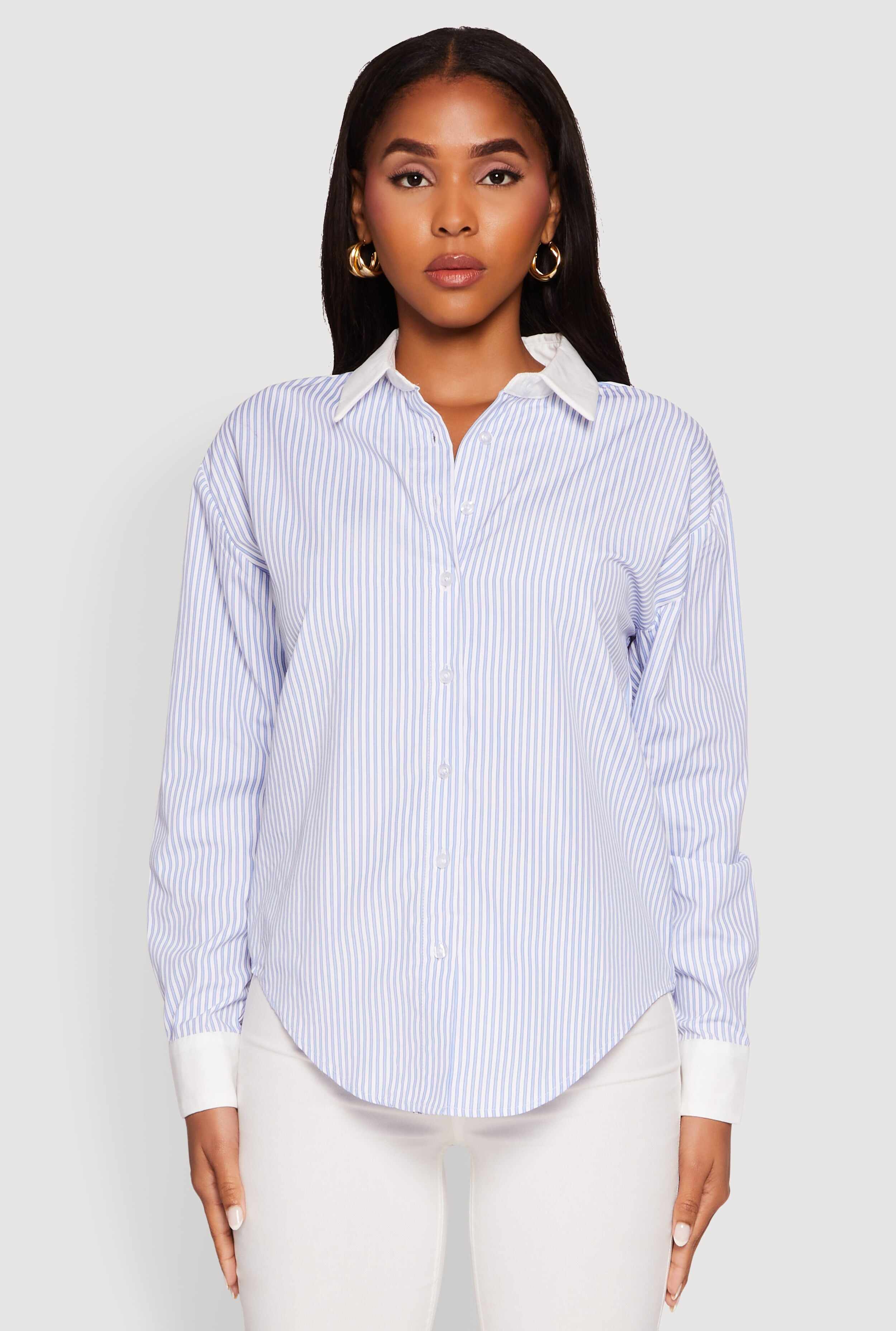 Haute Monde Striped Poplin Shirt with Contrast Trim