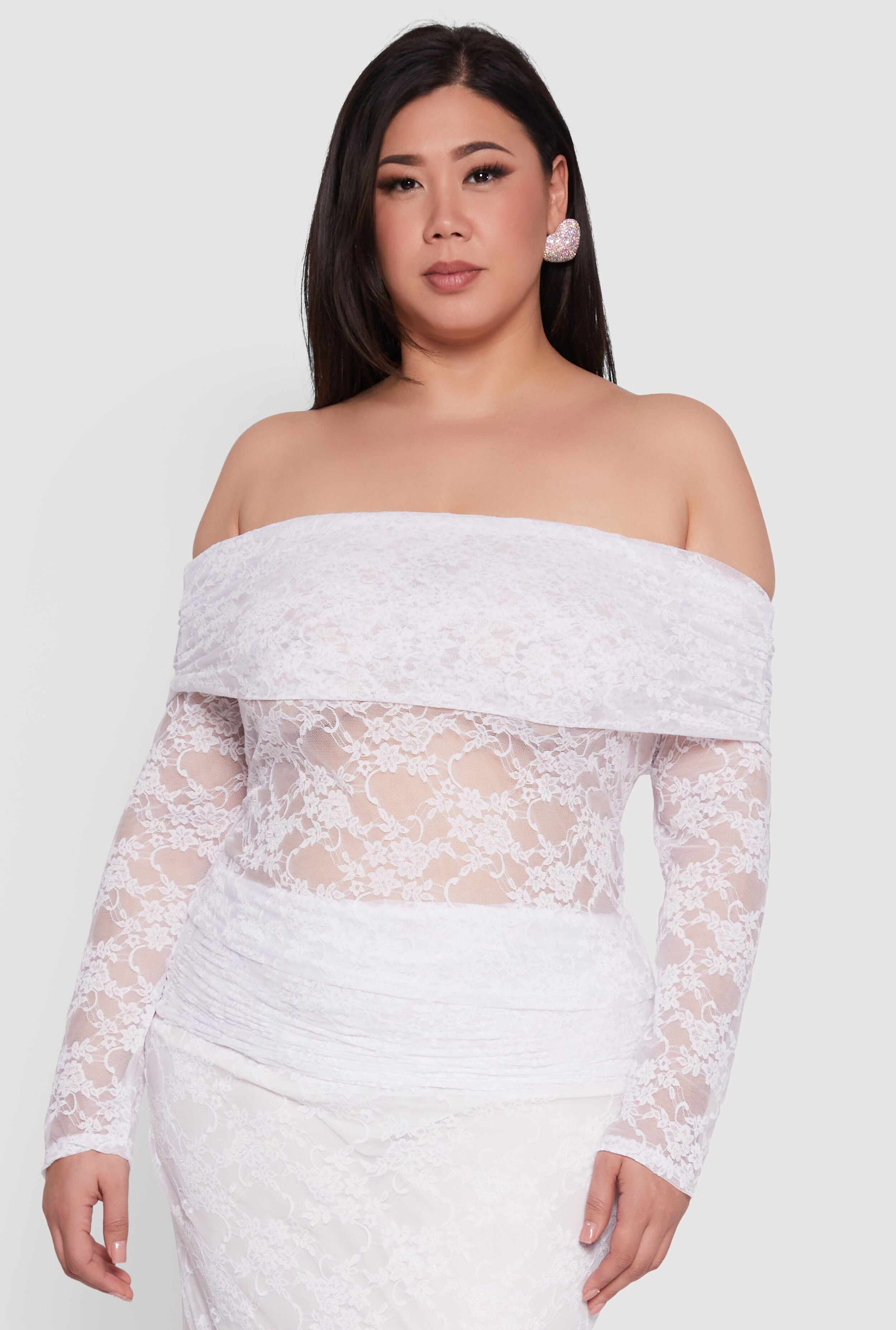Plus Size Lace Fold Over Off The Shoulder Blouse