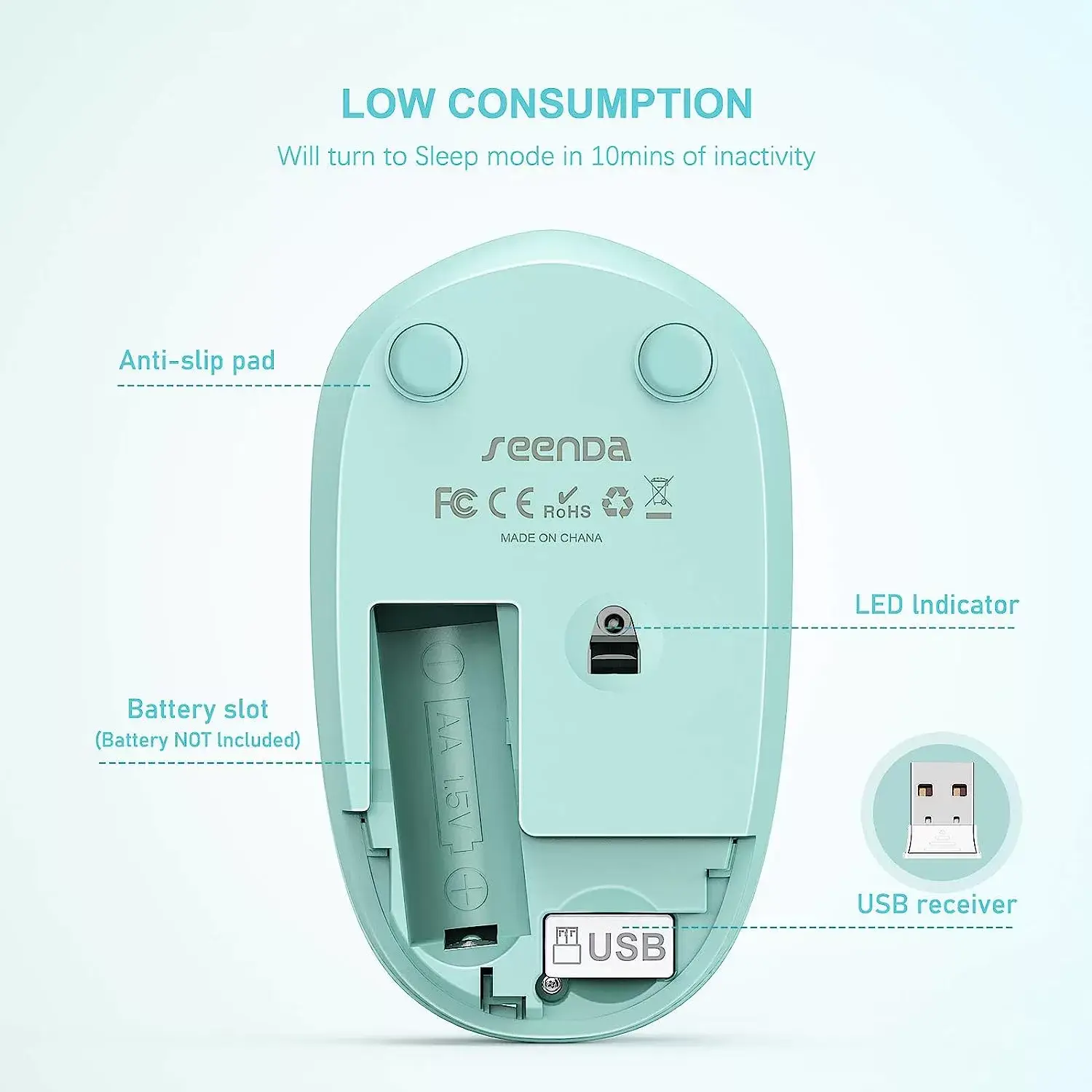 seenda Wireless Mouse, 2.4G Noiseless Mouse with USB Receiver - Portable Computer Mice for PC, Tablet, Laptop with Windows System - Mint Green