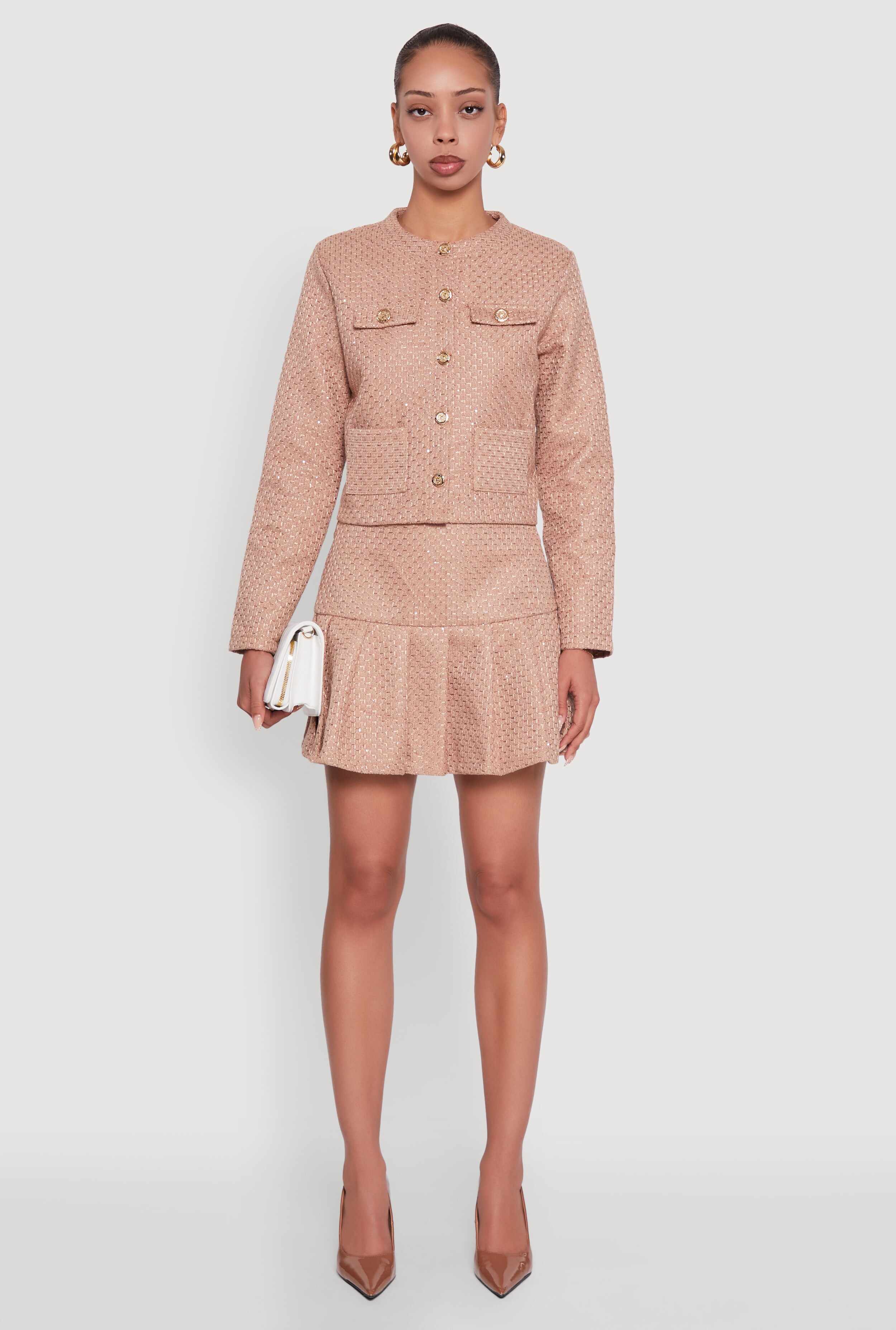 Tweed Flap Pocket Cropped Button Front Blazer