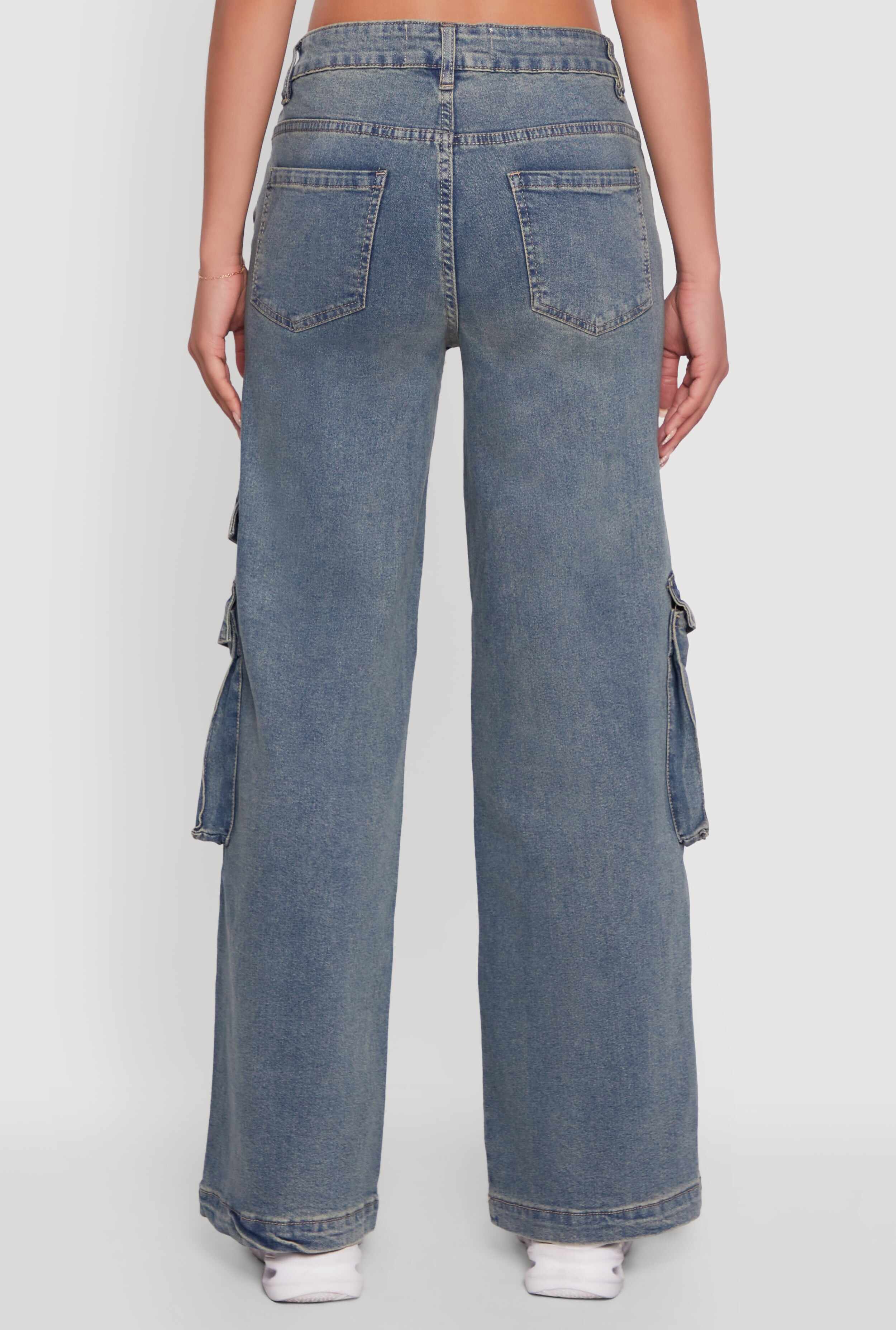 Mineral Wash Distressed Frayed Wide Leg Utility Jeans