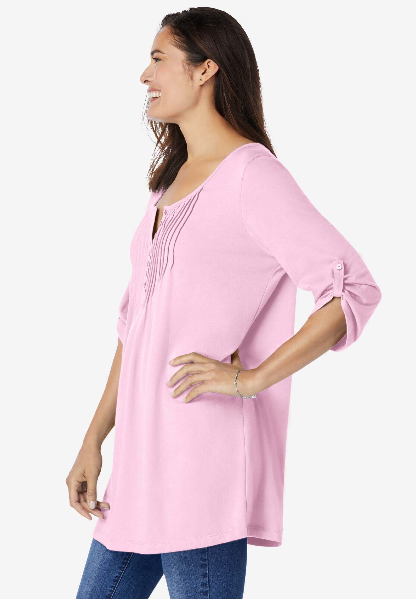 7-Day Three-Quarter Sleeve Pintucked Henley Tunic