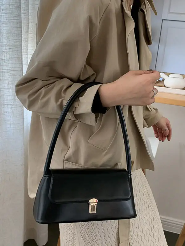 Minimalist Lock-Detail Leather Shoulder Bag