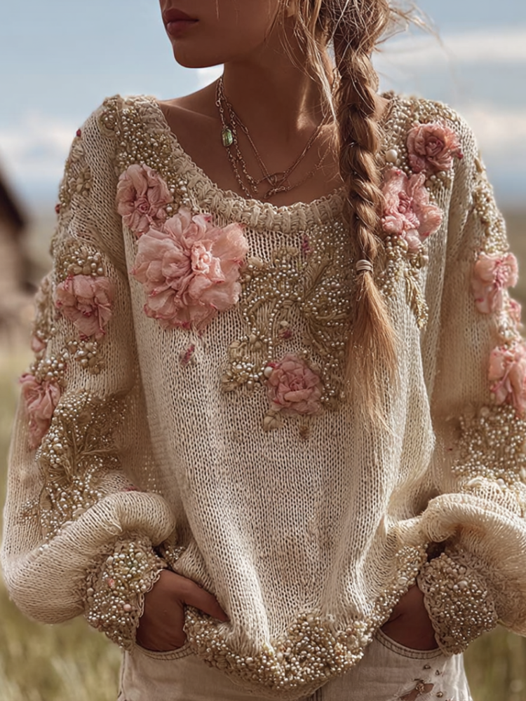 Bohemian Style Round Neck Long Sleeve 3d Floral Design Women's Sweater
