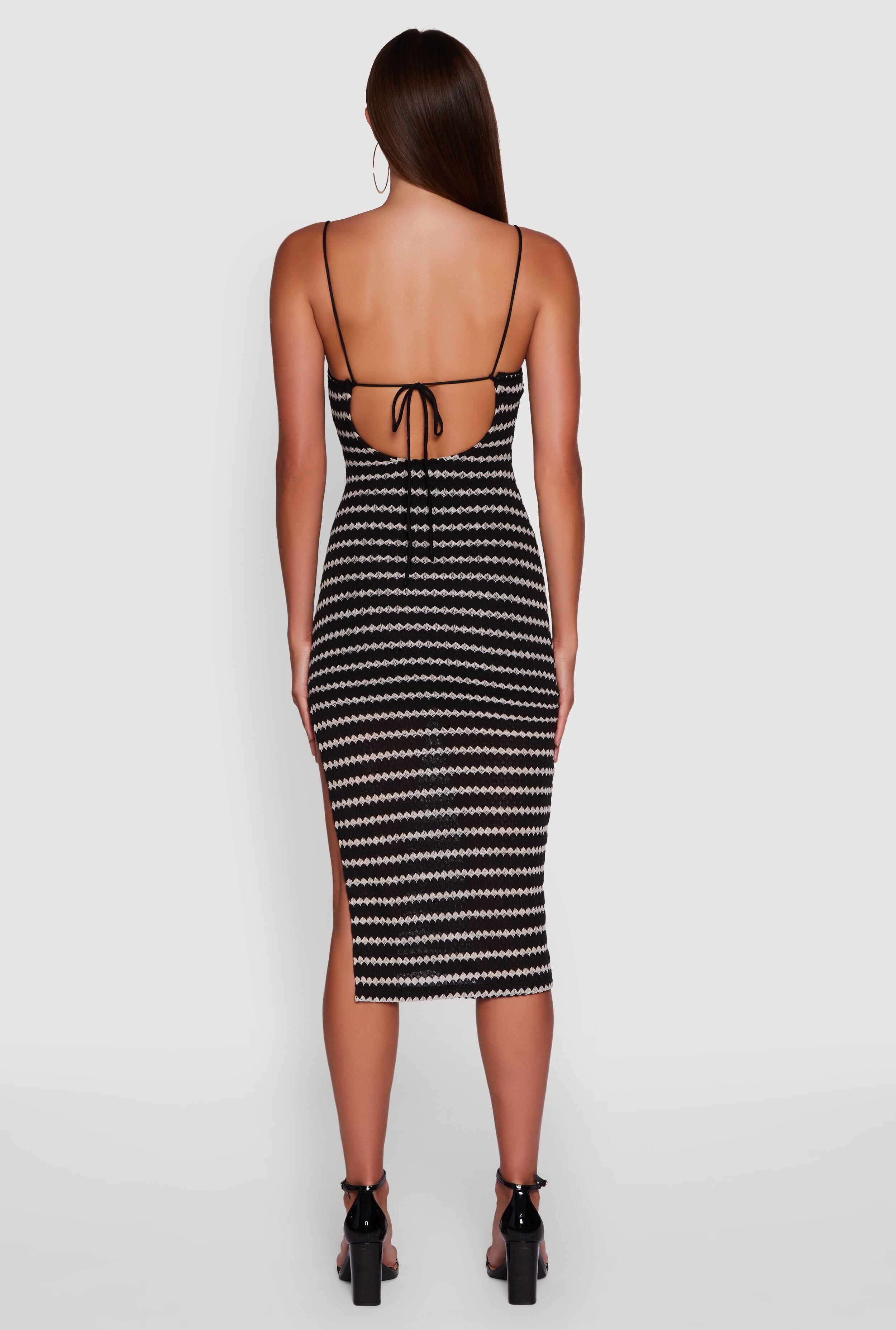 Striped Open Tie Back Side Slit Bodycon Dress