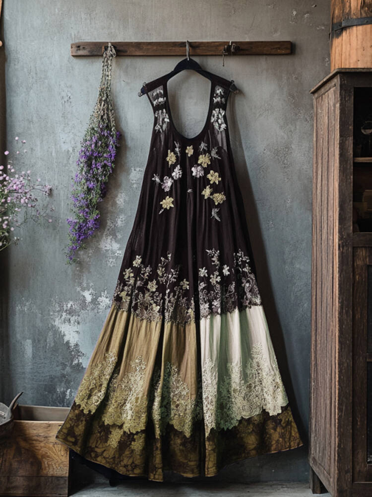 Boho Floral Embroidered Pattern Lace Patchwork Contrast Color Art Linen Dress