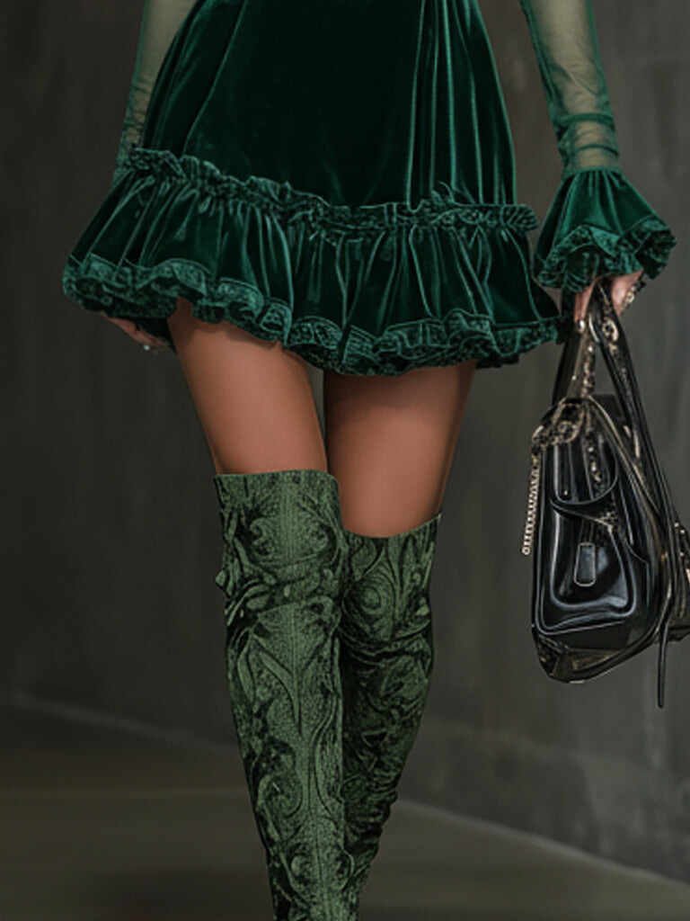 Emerald Sheer Sleeve Velvet Ruffle Mini Dress