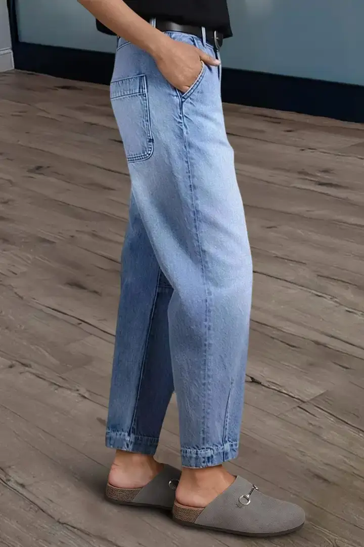 🔥Summer Arrivals🌟Wash Stitch Detail Mid Rise Barrel Leg Crop Jeans Without Belt