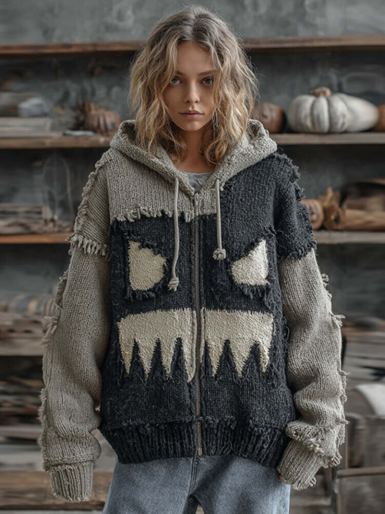 Halloween Pumpkin Face Patchwork Art Cozy Knit Hooded Cardigan
