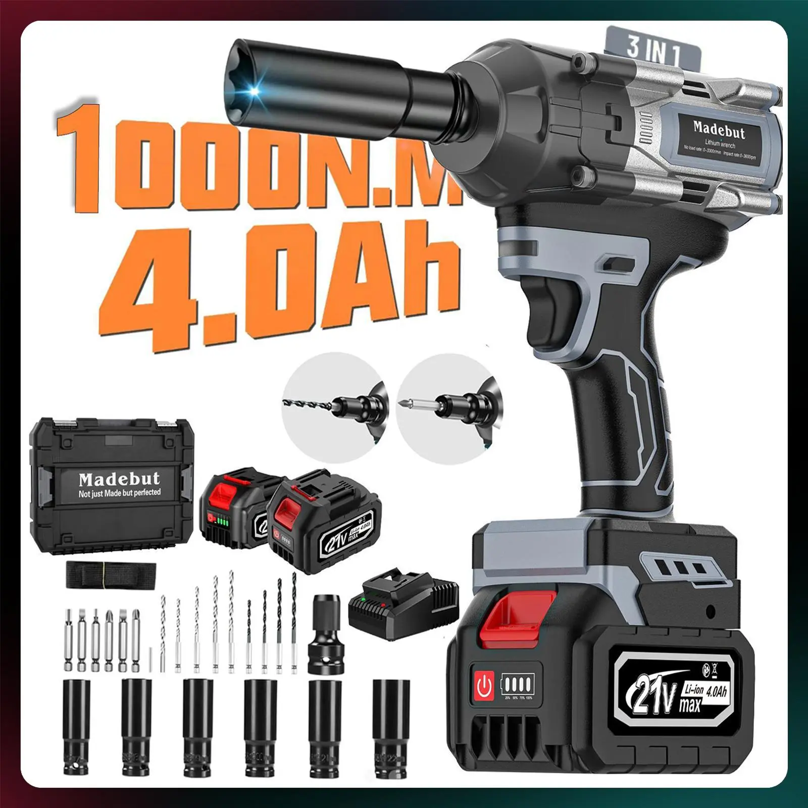 1000N.m Cordless Impact Wrench, All-Metal Cordless Impact Gun with 2 * 4.0Mah, 3-IN-1 Electric Impact Wrench with 5 Sleeves, High Torque 1/2 Impact Wrench