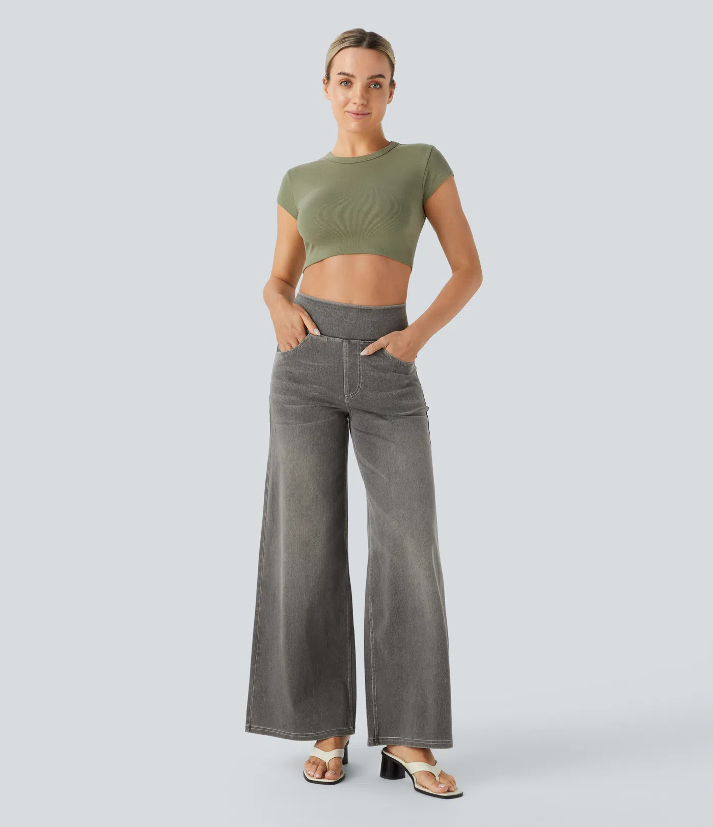 💝Last day promotion⚡High Waisted Multiple Pockets Baggy Wide Leg Washed Stretchy Knit Casual Jeans