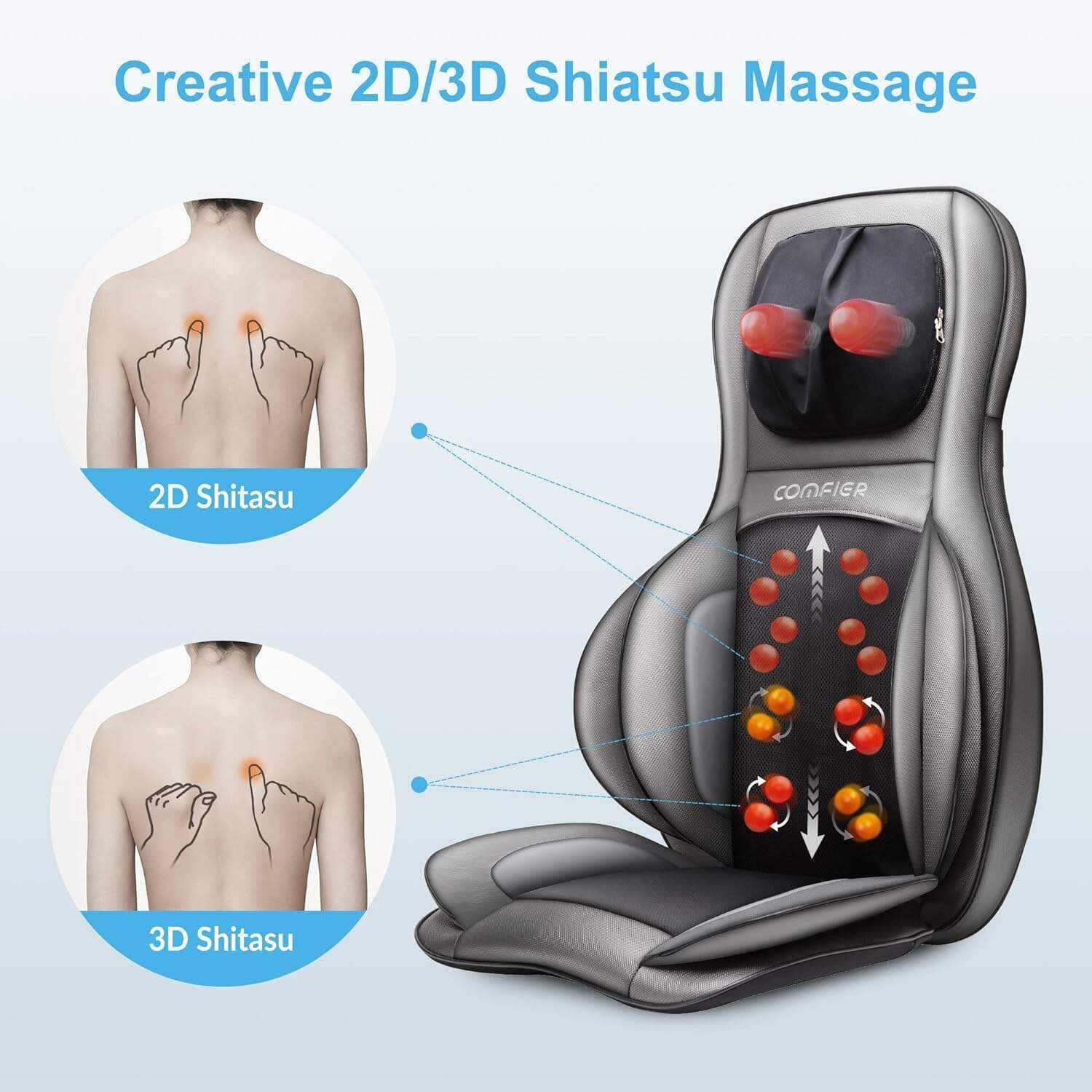 COMFIER Shiatsu Neck Back Massager with Heat and Compression, App Control 2D or 3D Deep Tissue Kneading Massage Chair Pad, Chair Massager for Full Body Pain Relief, Ideal Gifts,Grey