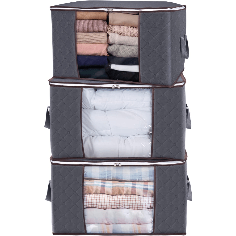 90L Large Storage Bags, 3 Pack Closet Organizers And Storage, Clothes Foldable Storage Bins With Reinforced Handles, Storage Containers For Clothing, Blanket, Comforters, Toys, Bedding, Grey