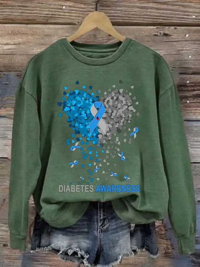 Women's Casual Diabetes Awareness Print Long Sleeve Sweatshirt