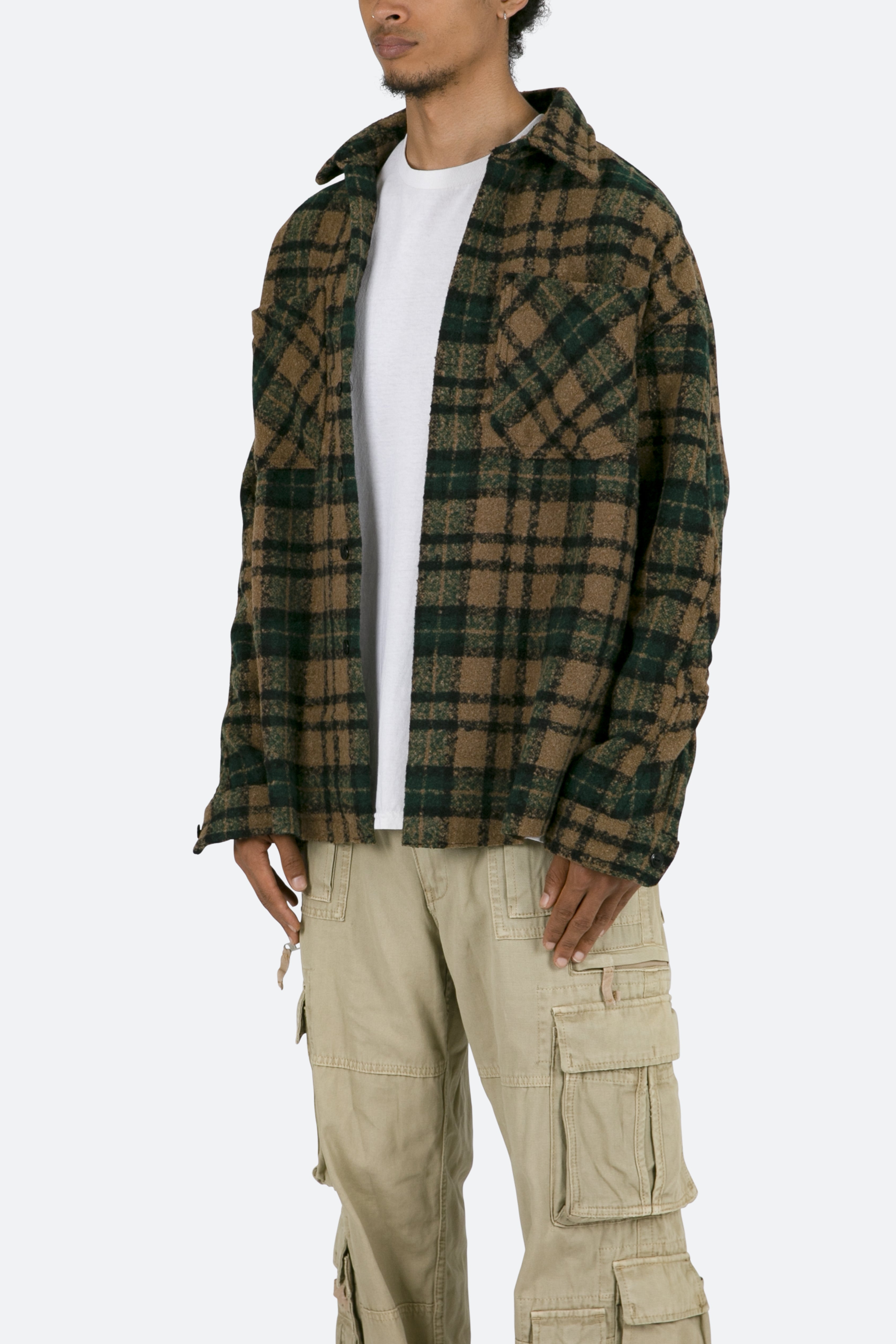 Loose Woven Flannel Shirt - Green/Black