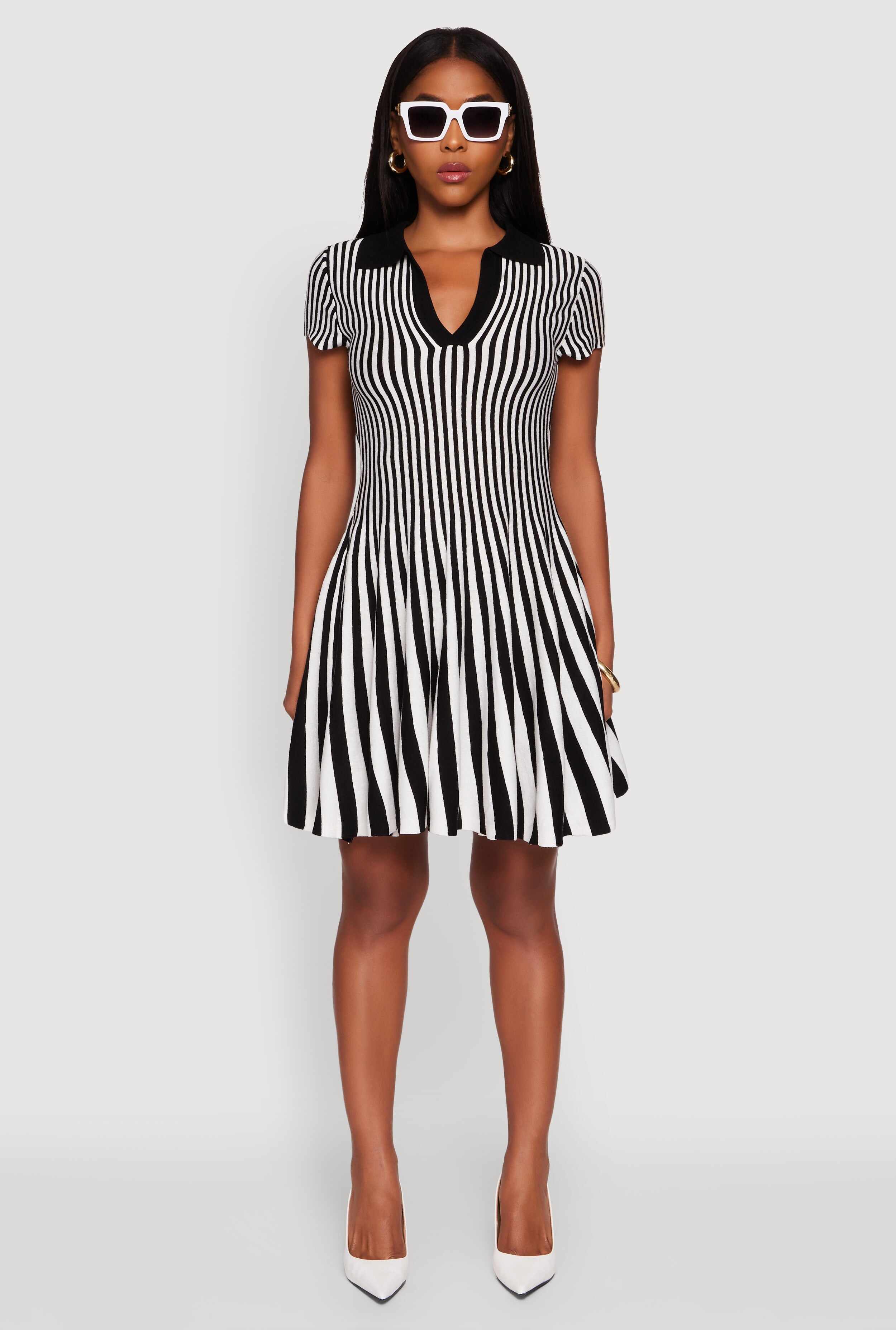 Trendy Striped Short Sleeve Polo Skater Dress
