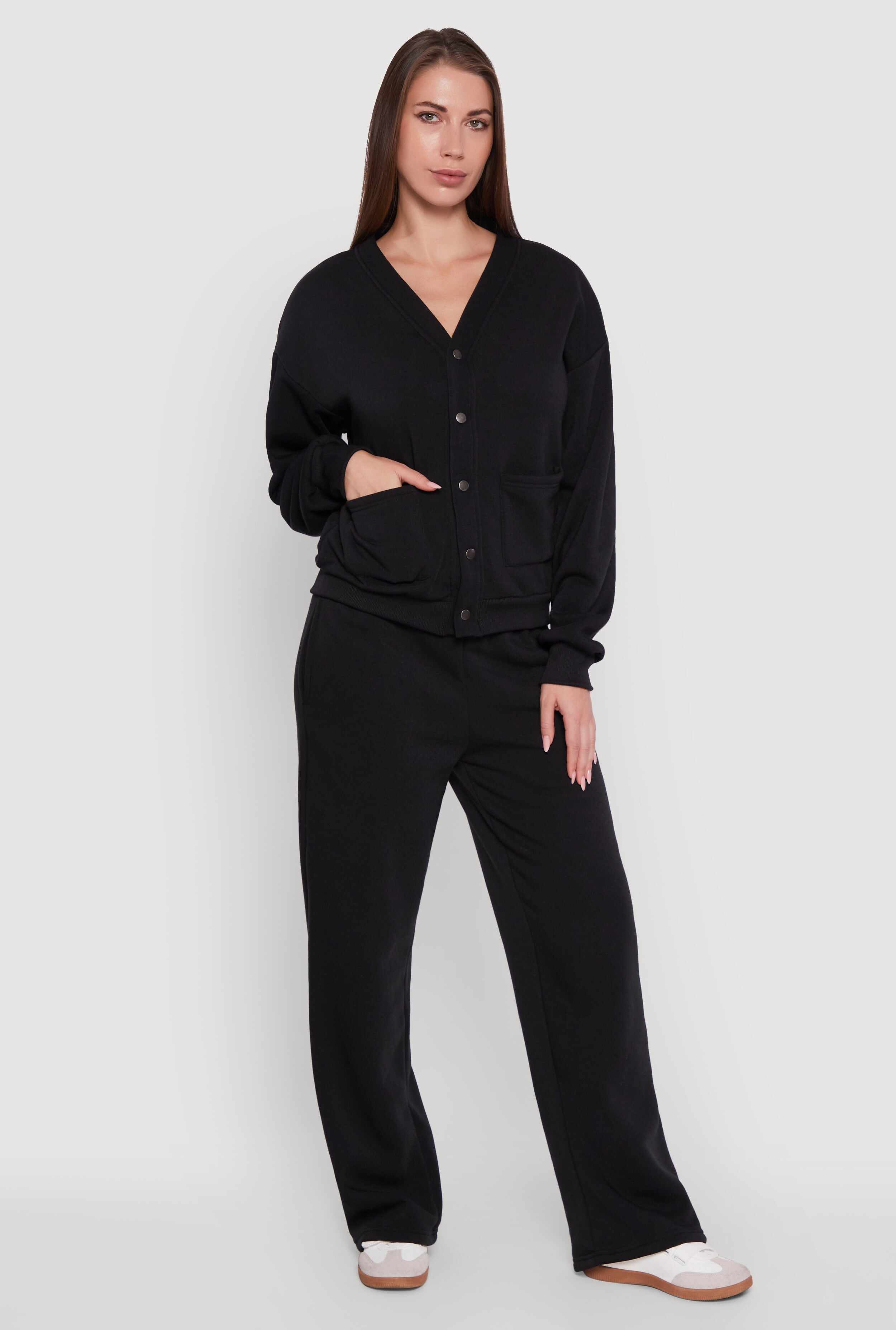 Oversized Fleece Lined V-Neck Button Front Cardigan