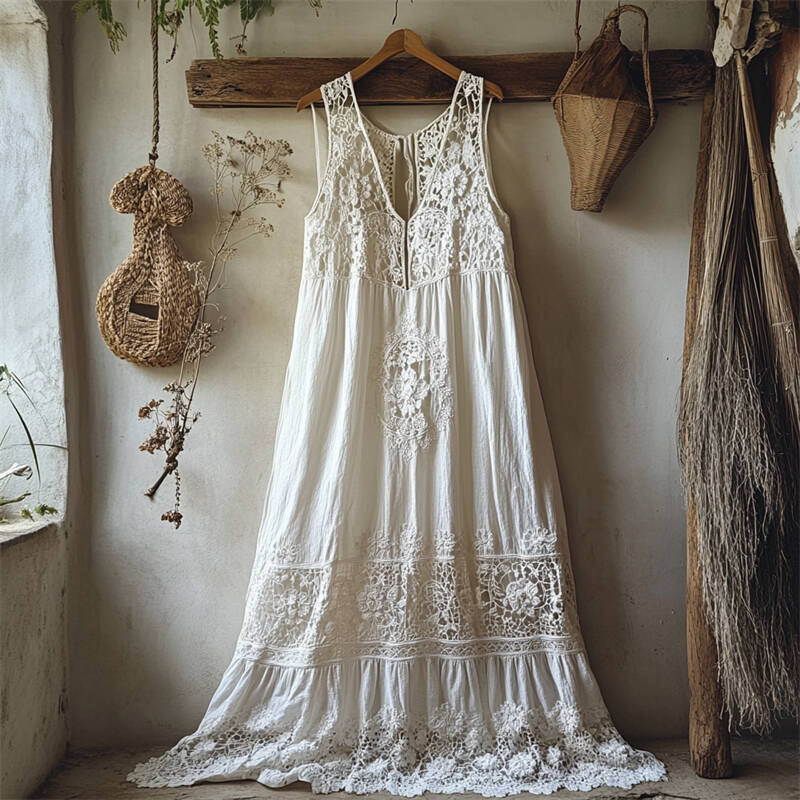 Boho Floral Hollow Lace Patchwork Linen Maxi Dress