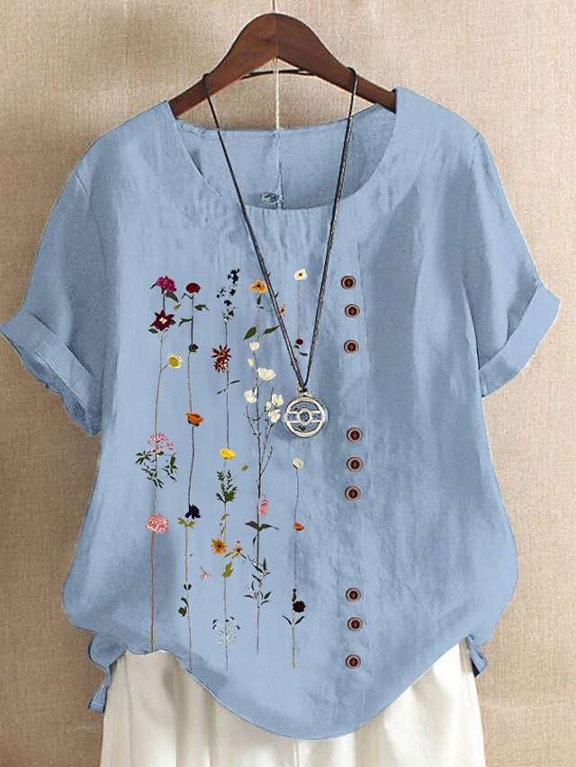 Women's Shirt Blouse White Pink Blue Floral Print Short Sleeve Holiday Casual Round Neck Regular Linen Floral S