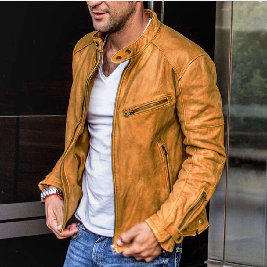Men's Motorcycle Leather Warm Zip Coats Casual Jackets
