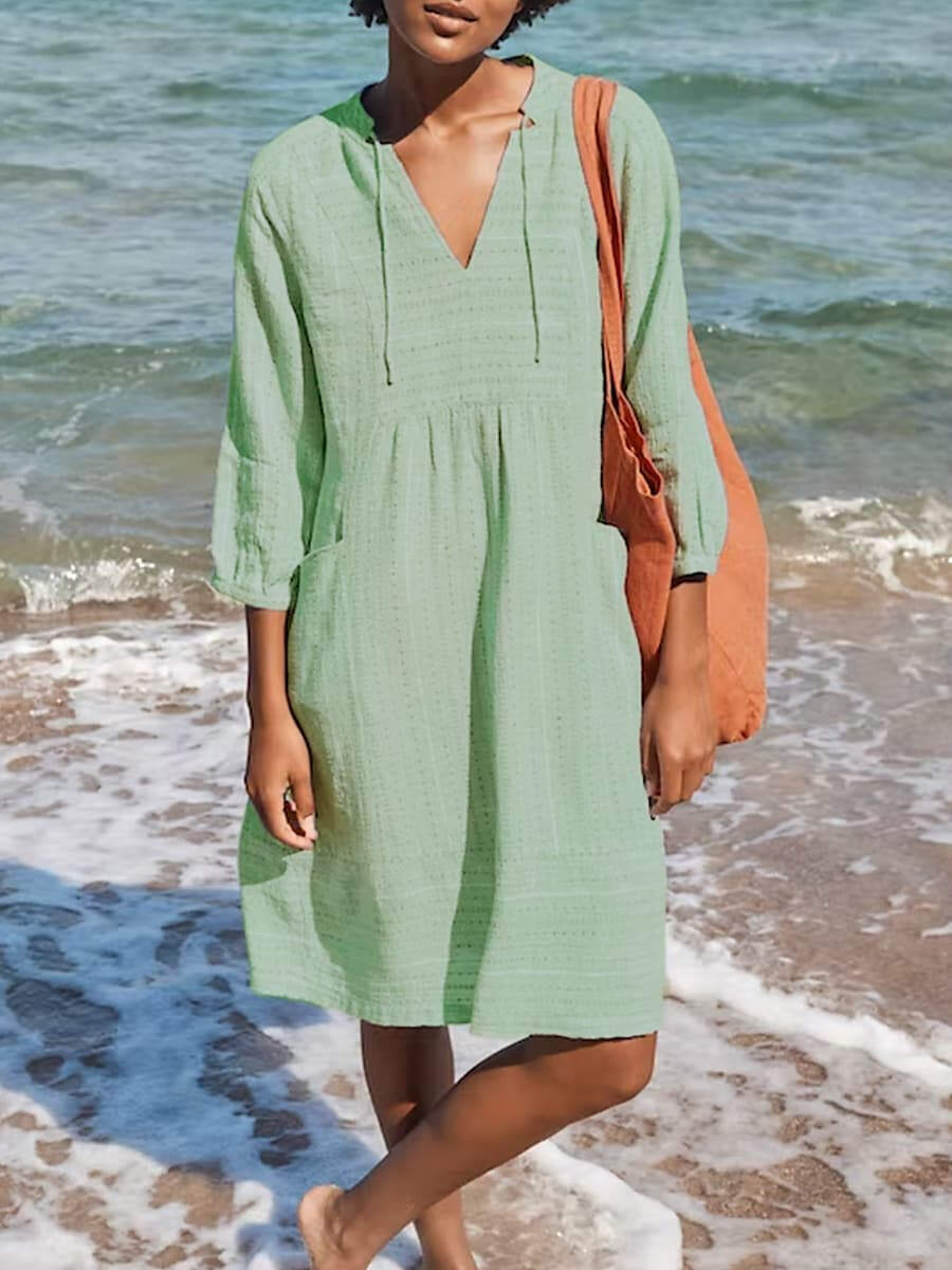 🔥Summer Arrivals🌟Women's Solid Color Loose Elegant Casual V-neck Pocket Cotton And Linen Dress