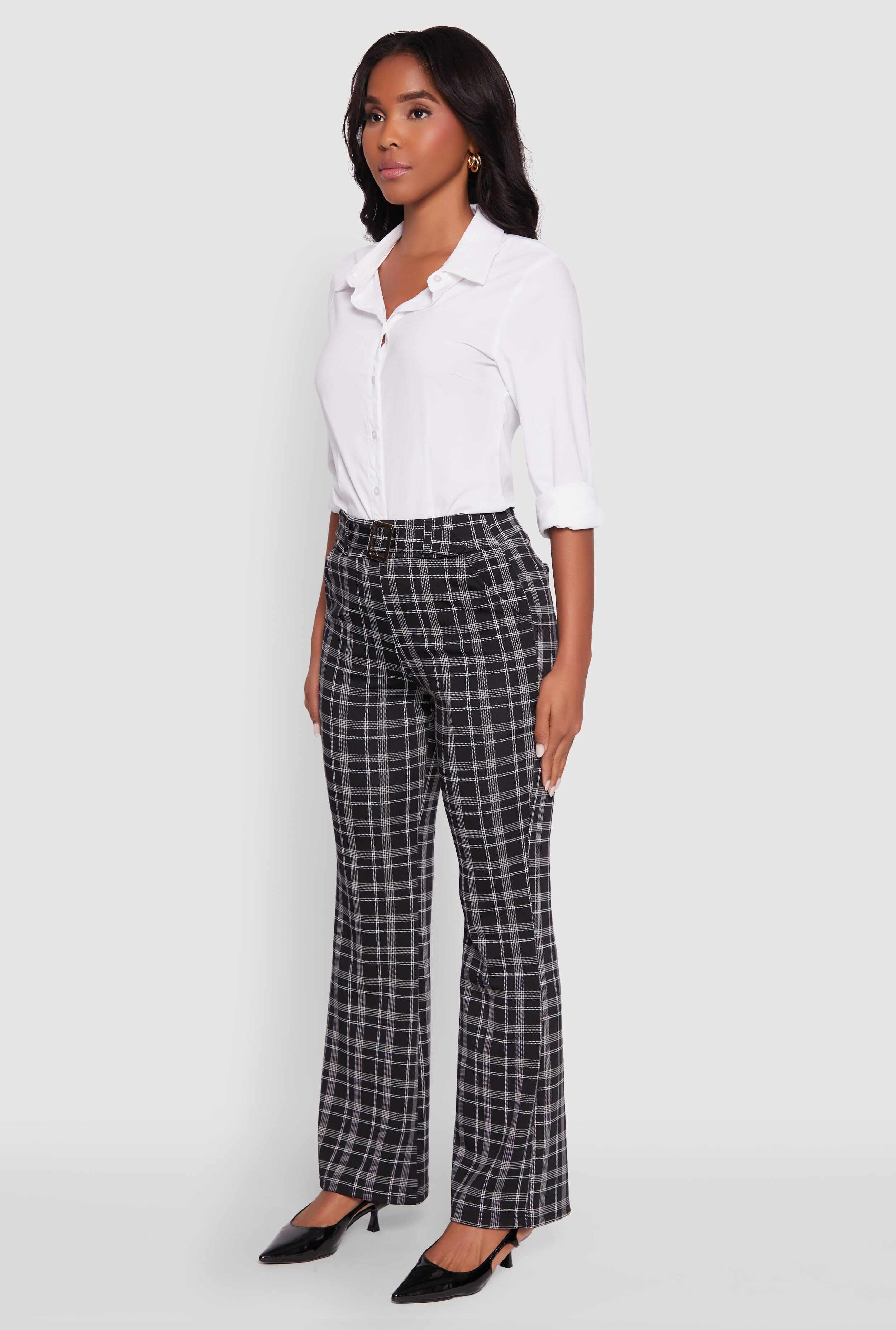 Plaid Belted Front Stretch Flare Pants