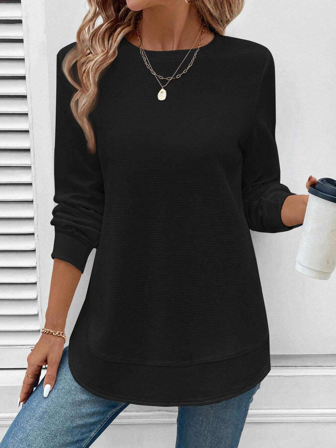 Round Neck Long Sleeve Solid Color Top