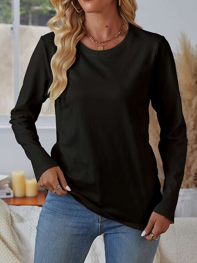 Women's 100% Cotton T shirt Tee Daily Weekend Casual Long Sleeve Black Fall Winter