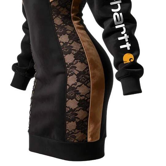 Women's Vintage Black And Brown Suede Patchwork Lace Hoodie Dress