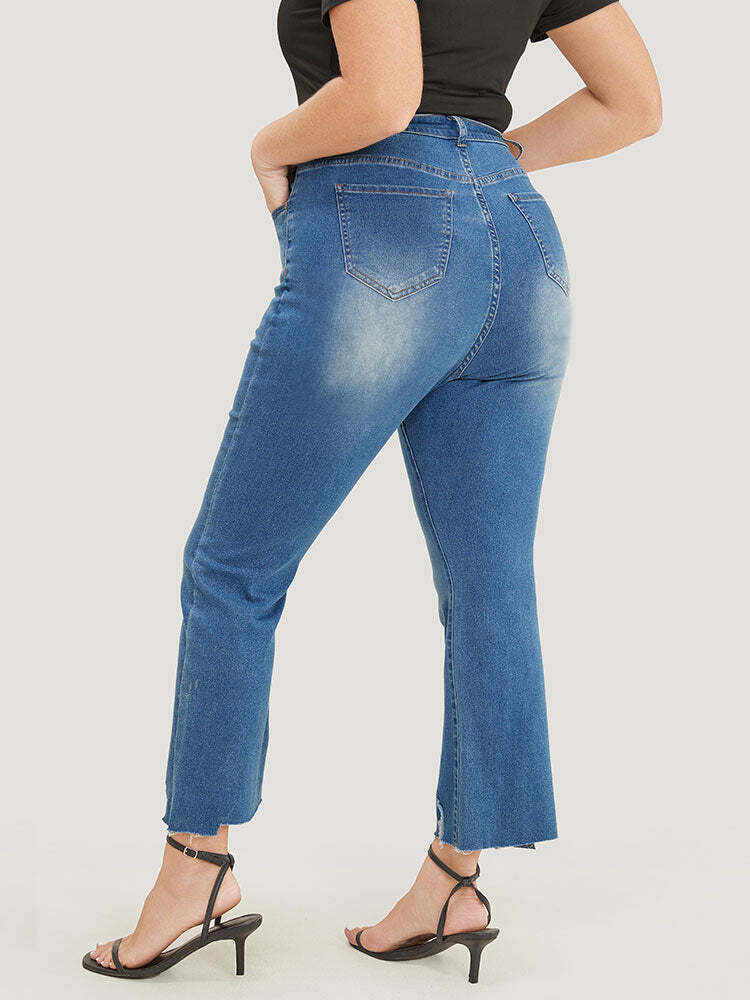 Bootcut Very Stretchy High Rise Medium Wash Distressed Hem  Jeans