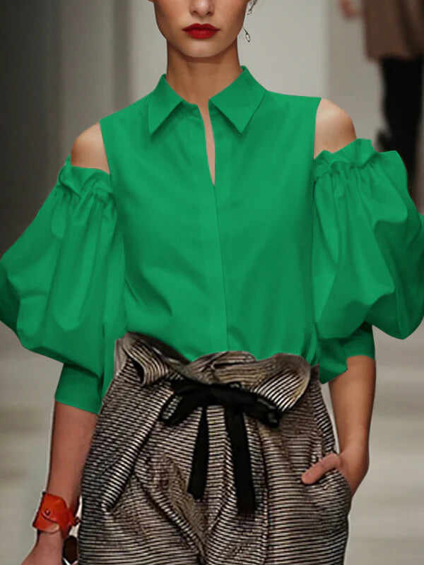 🔥Summer Arrivals🌟Women's Loose Pleated Solid Color Cold Shoulder Cotton Blouses