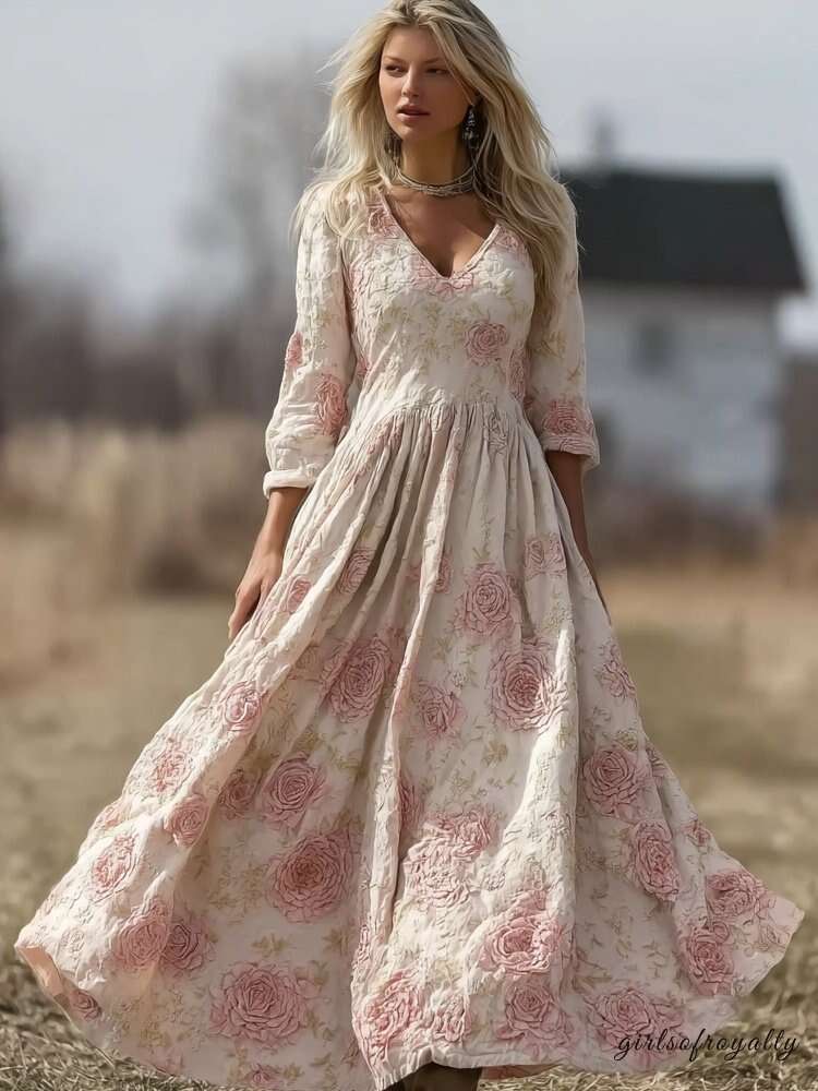 Elegant Boho Pink Roses Embroidered Flowy Linen Maxi Dress
