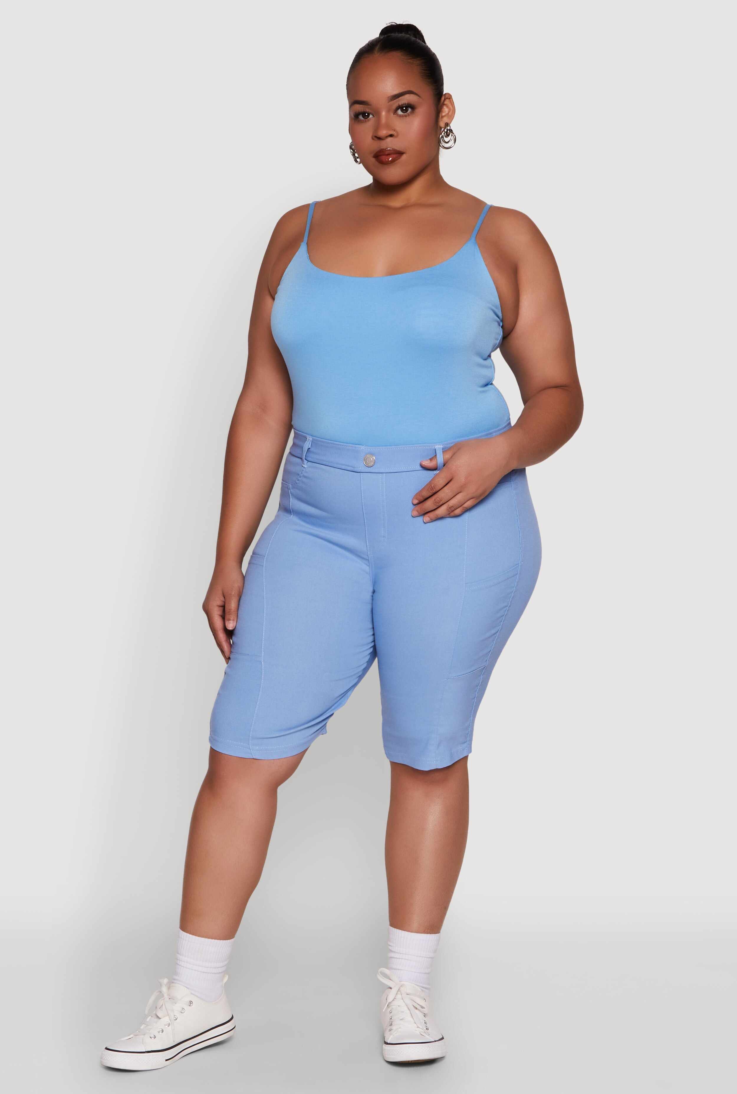 Plus Size Stylish Snatched High Waist Bermuda Shorts with Faux Buttons