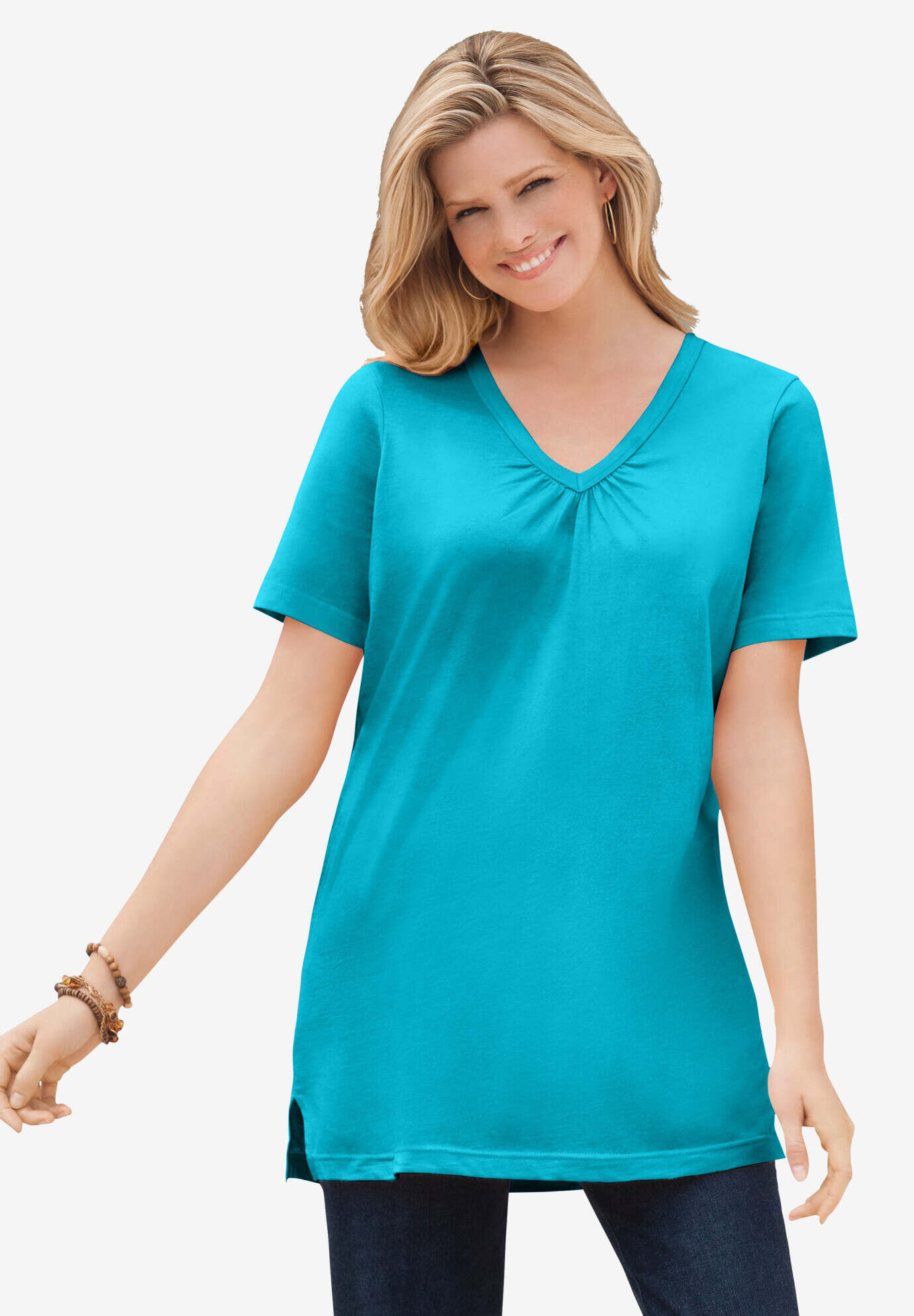 Perfect Short-Sleeve Shirred V-Neck Tunic