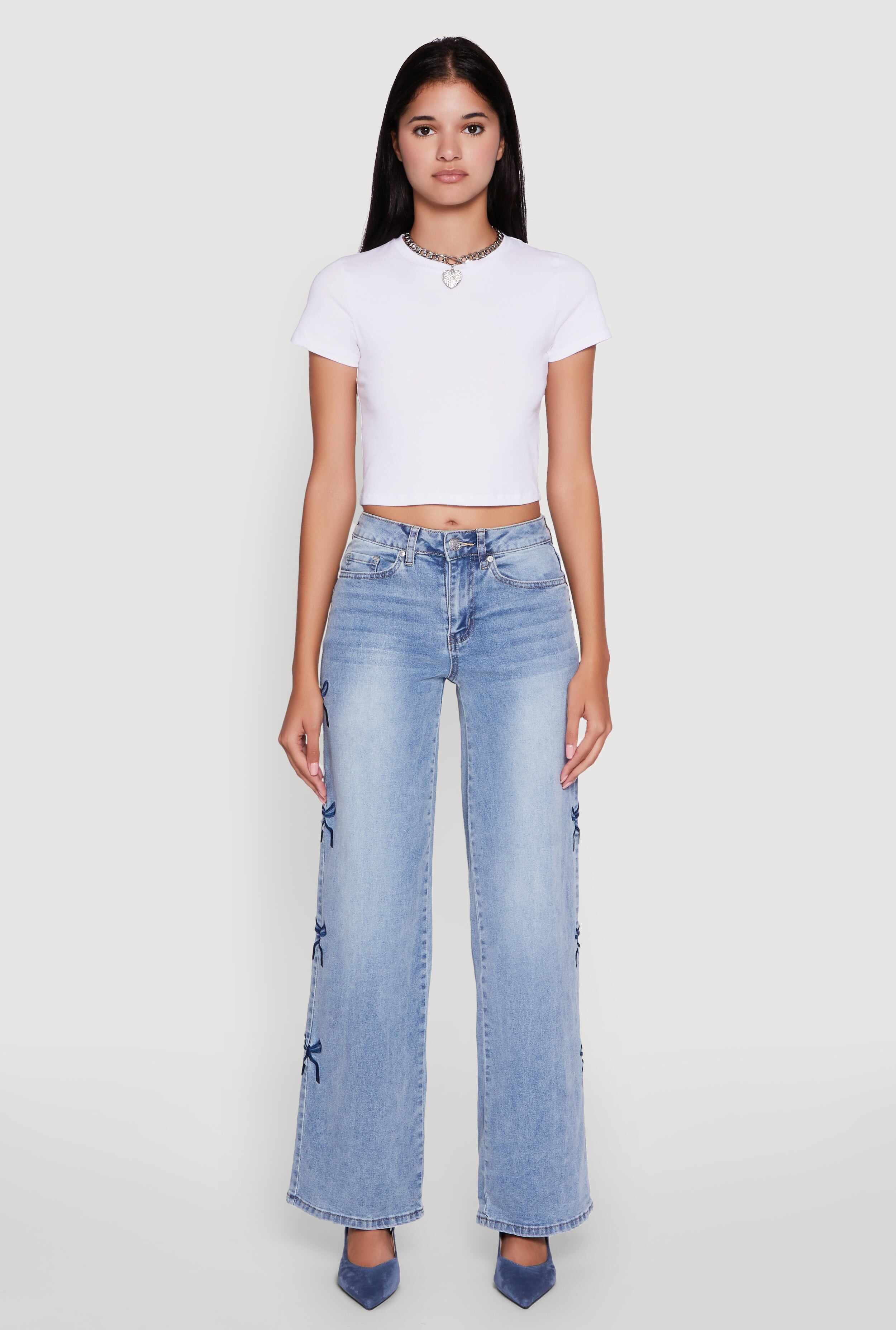 Madden Girl Mineral Wash Embroidered Bow Side Jeans