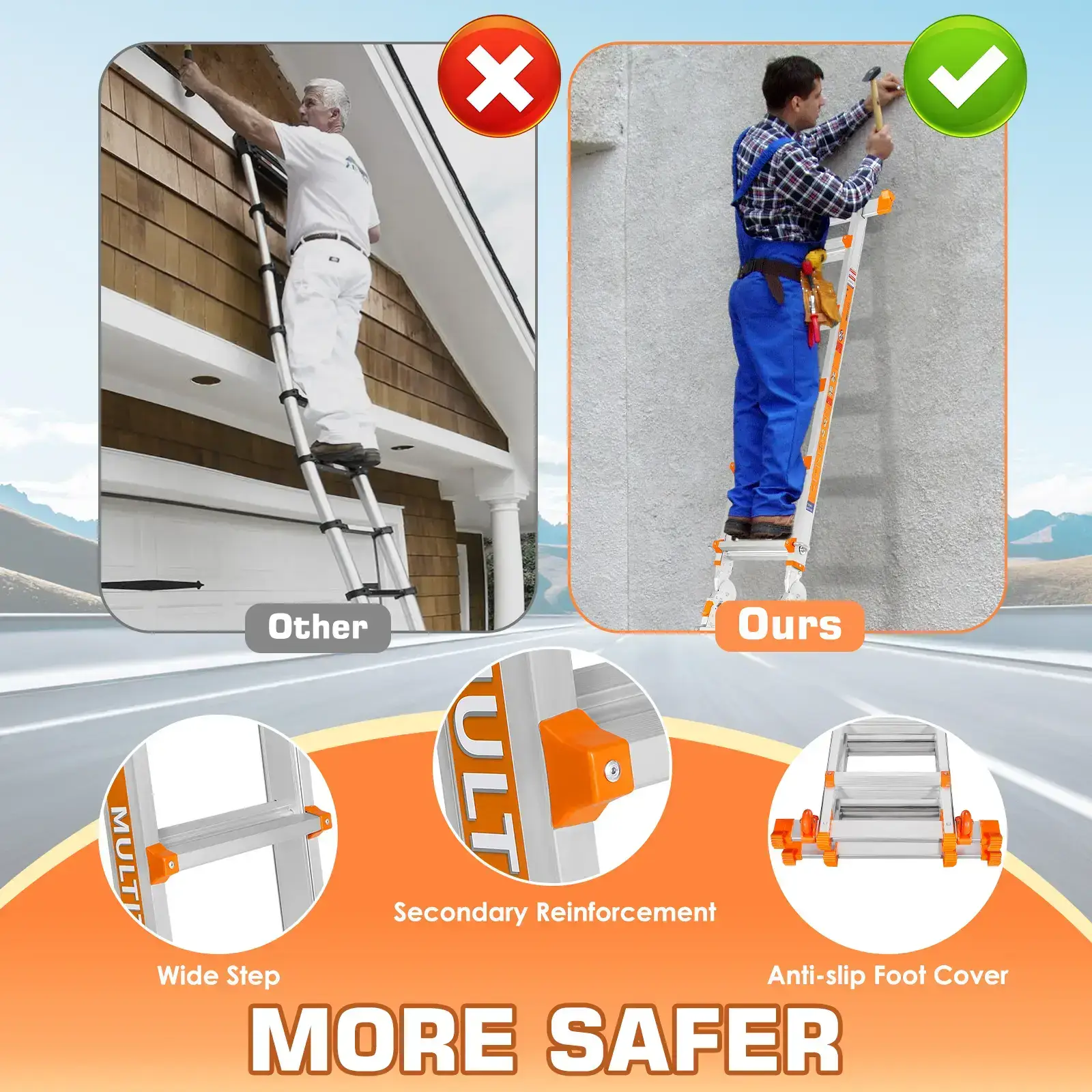 Extendable Telescopic Multi-Position Ladder - Convertible Modes, A-Frame Step Ladder with Stabilizer Bars, Narrow Folded Width, 330LBS Load Capacity, Wheels, Safe for Home & Outdoor Roof Work, Extendable Telescopic Ladders