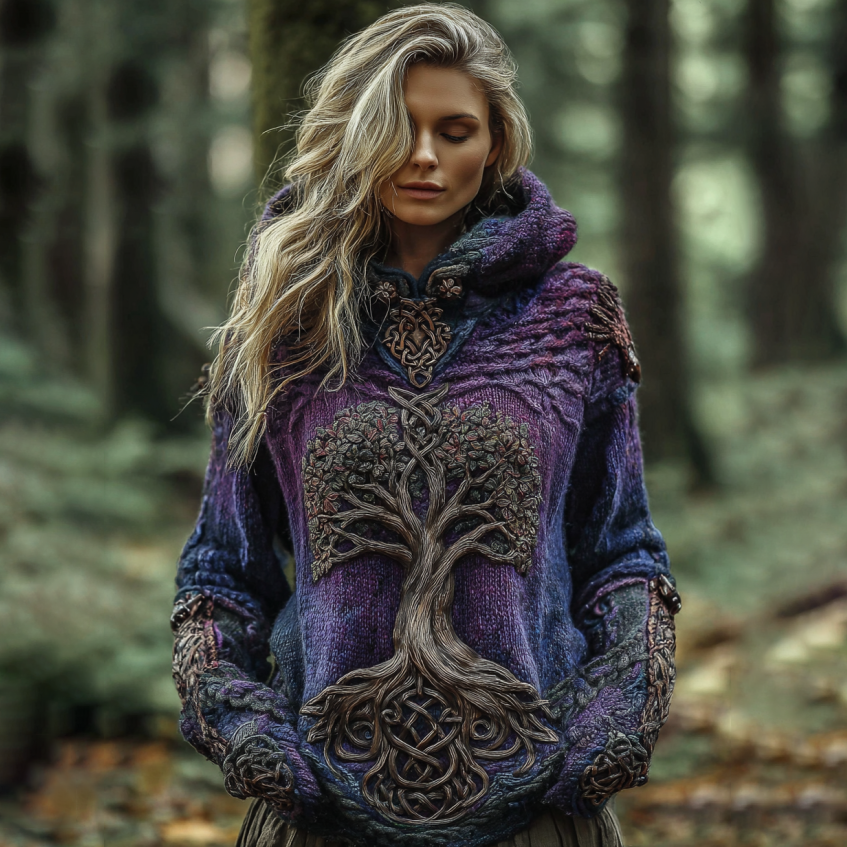 Women'sviking Celtic Knot With Tree Of Life Knitted Warm Hooded Sweater