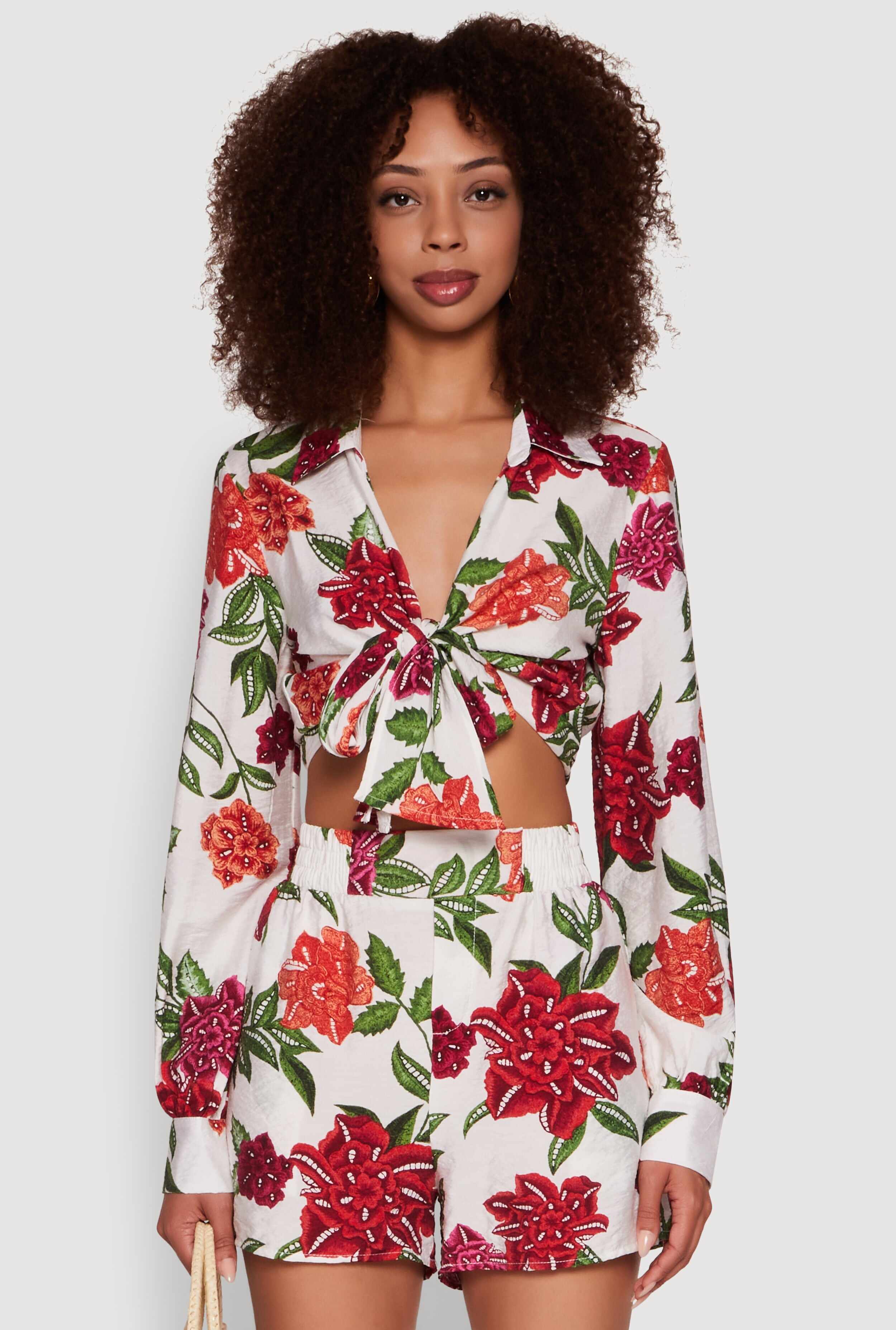 Chic Floral Long Sleeve Tie Front Crop Top
