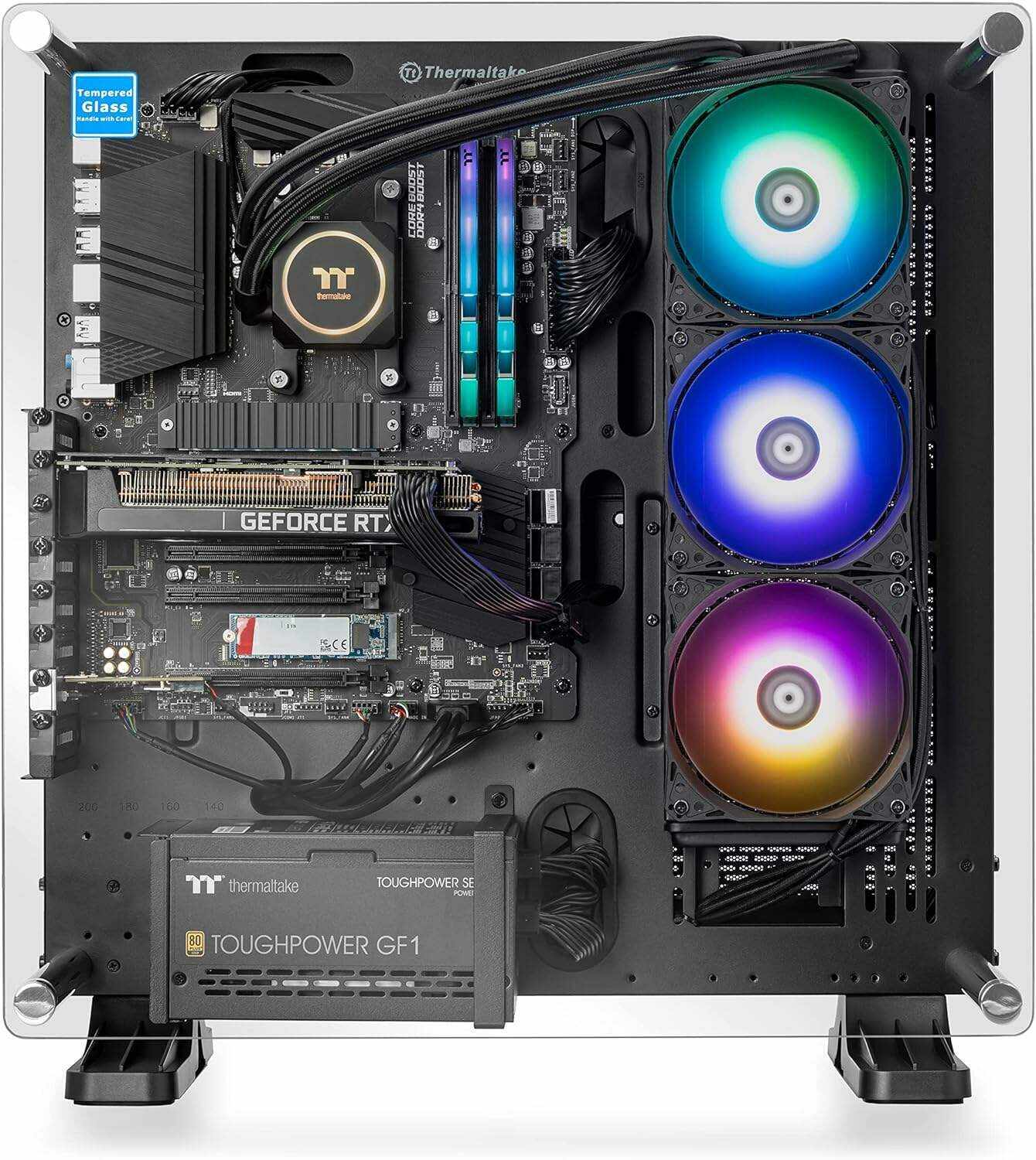 Thermaltake Shadow 360i Liquid-Cooled PC (AMD Ryzen 5 3600, RTX 3060 Ti, 16GB RGB 3000Mhz DDR4 ToughRAM RGB Memory, 1TB NVMe M.2, WiFi, Win 10 Home) Gaming Desktop Computer P3BK-B450-S36-LCS
