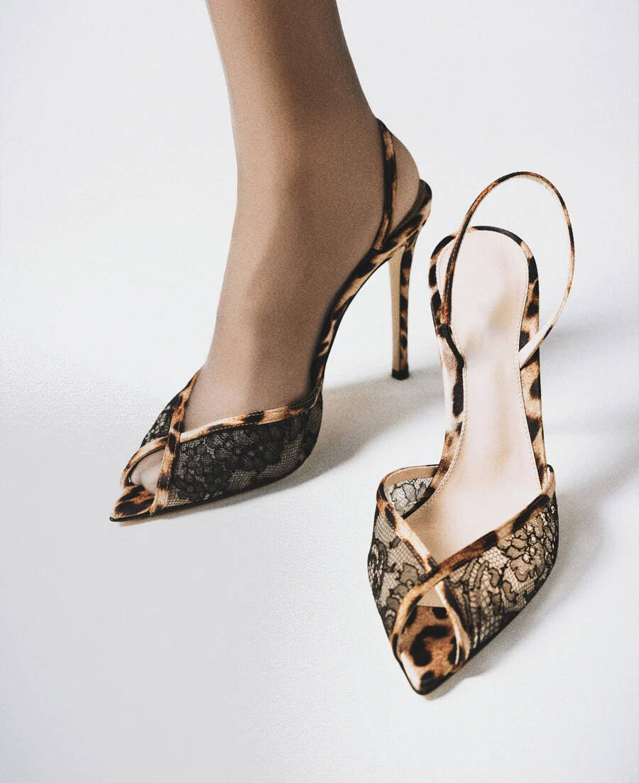 Leopard Print Lace Slingback Stiletto Heels