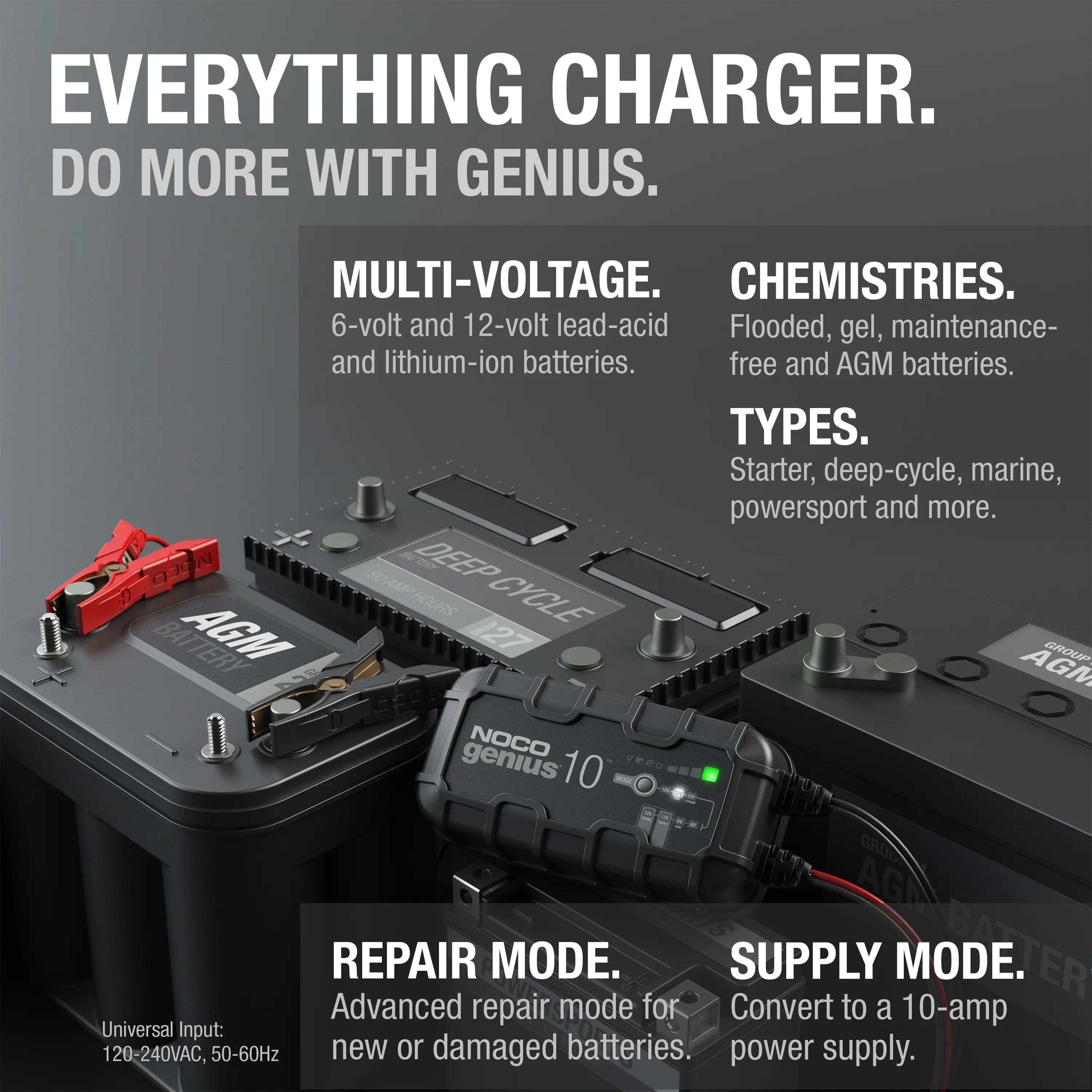 GENIUS10 10A Smart Battery Charger, 6V and 12V, Battery Maintainer, Trickle Charger and Desulfator